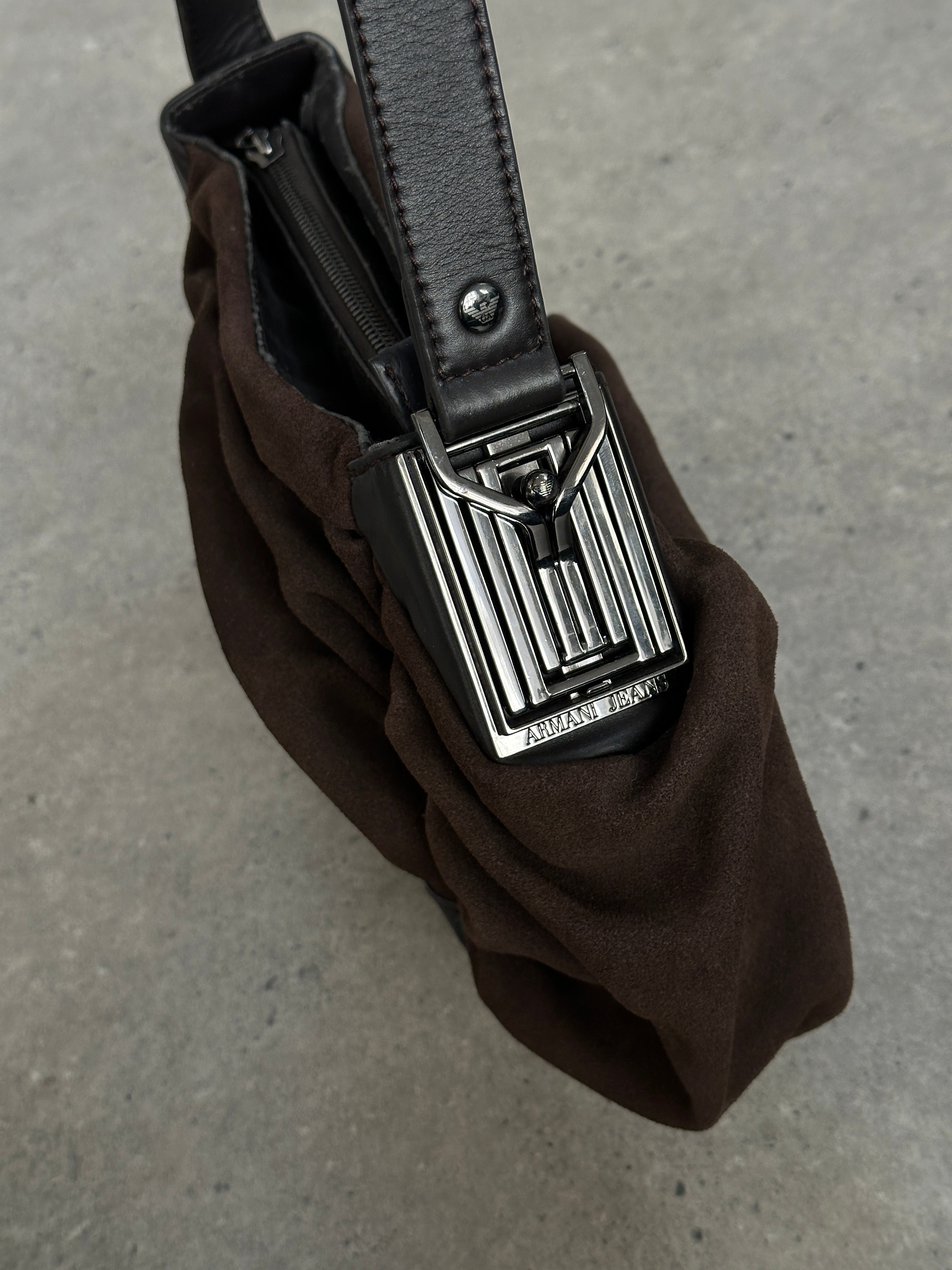 Armani Jeans suede shoulder bag with ruched design, featuring a stylish and textured look in a versatile color.