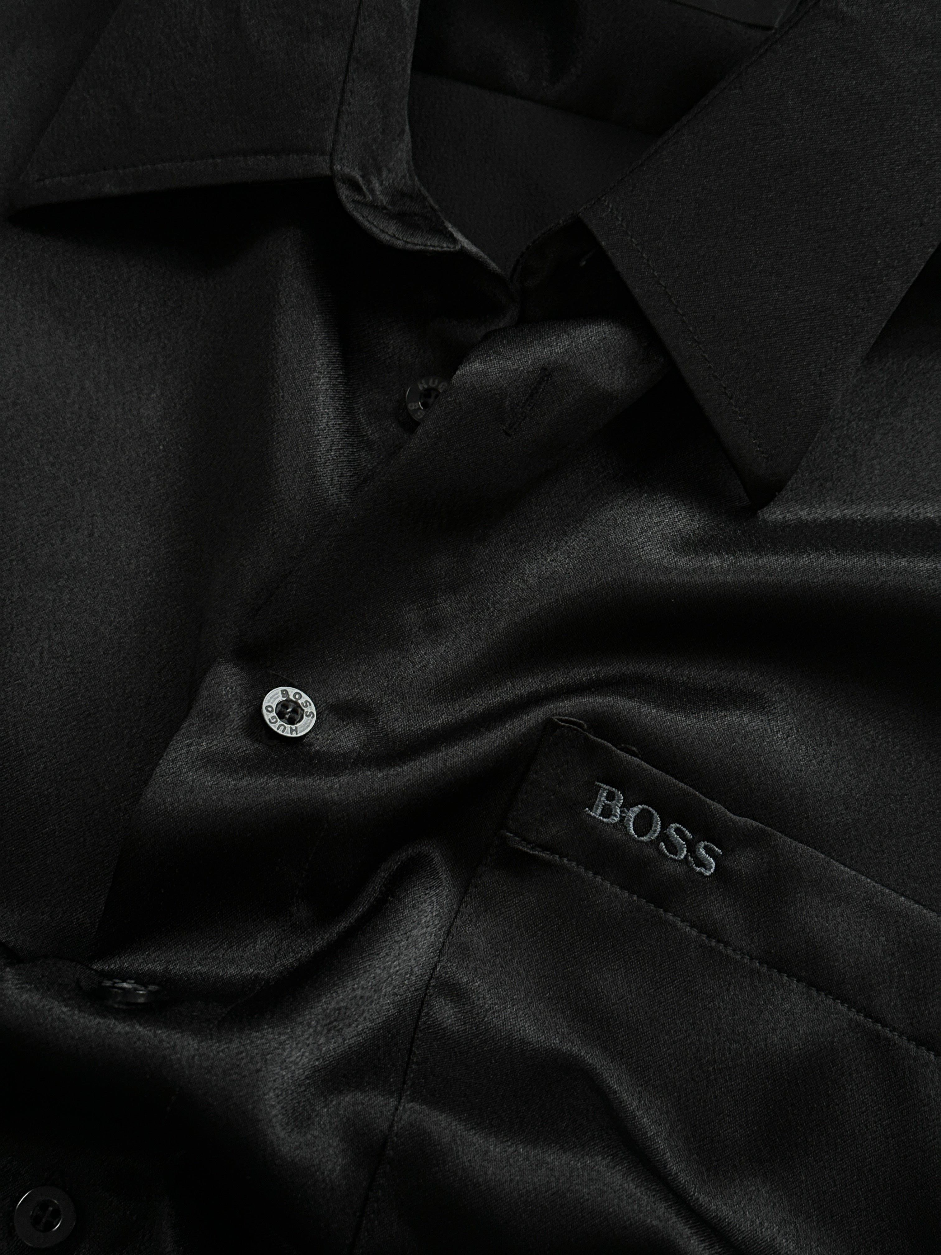 Hugo Boss satin logo shirt in XL, featuring a sleek satin fabric and subtle brand logo detail on the front.