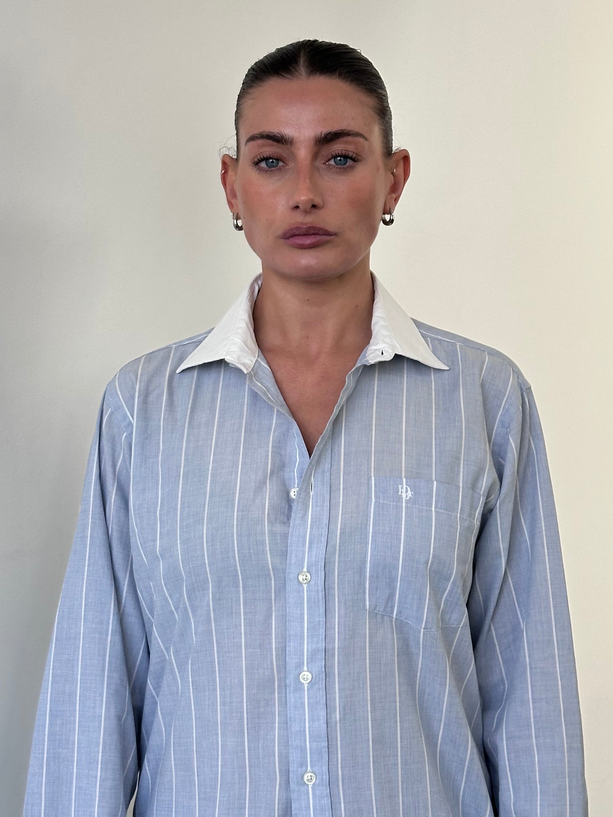 Christian Dior stripe contrast collar logo shirt in size M, featuring a stylish design with bold stripe accents and elegant branding.
