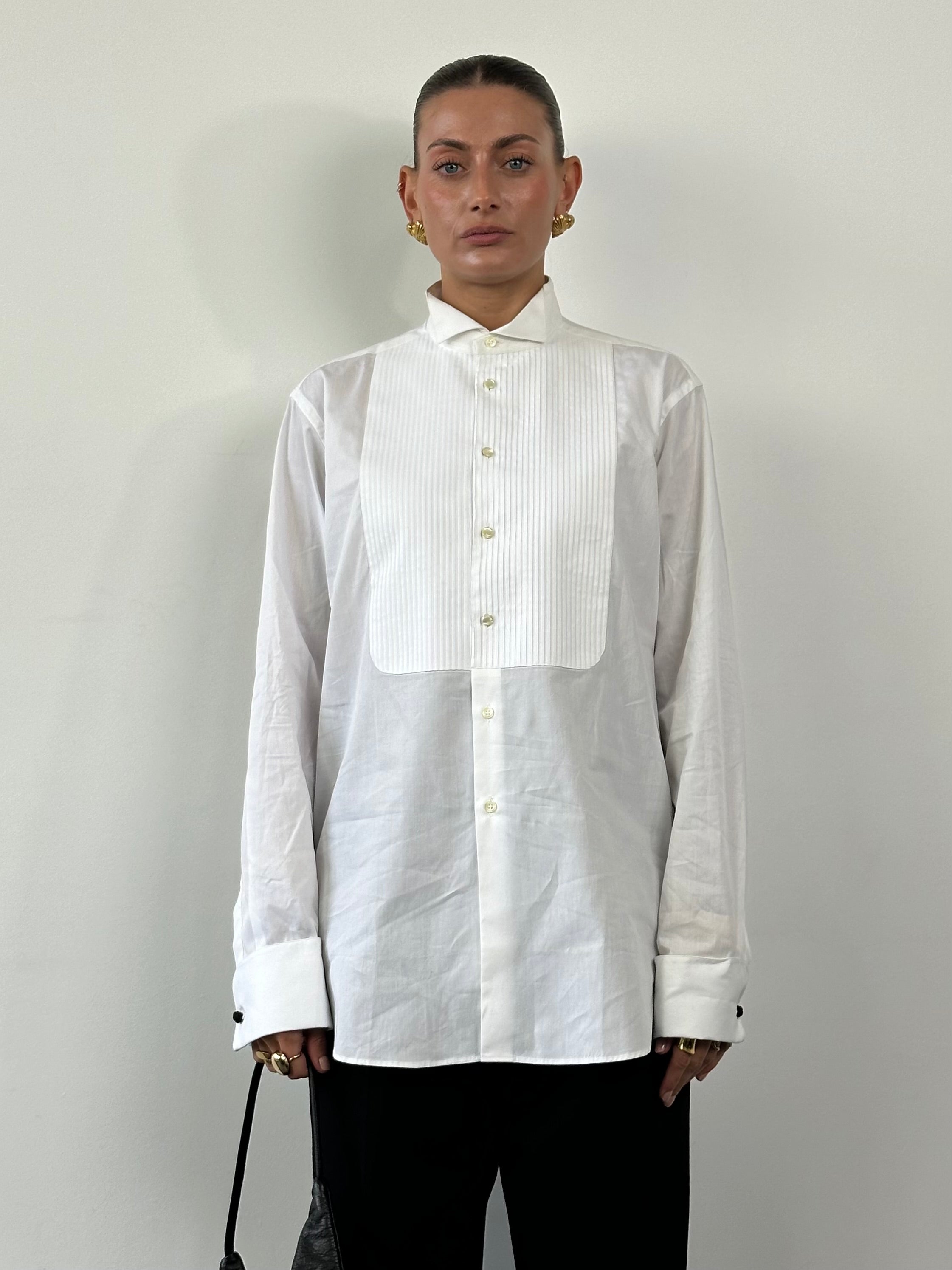 Vintage Italian vintage wing collar tuxedo dress shirt, size large, with classic collar and elegant design, displayed on white background.