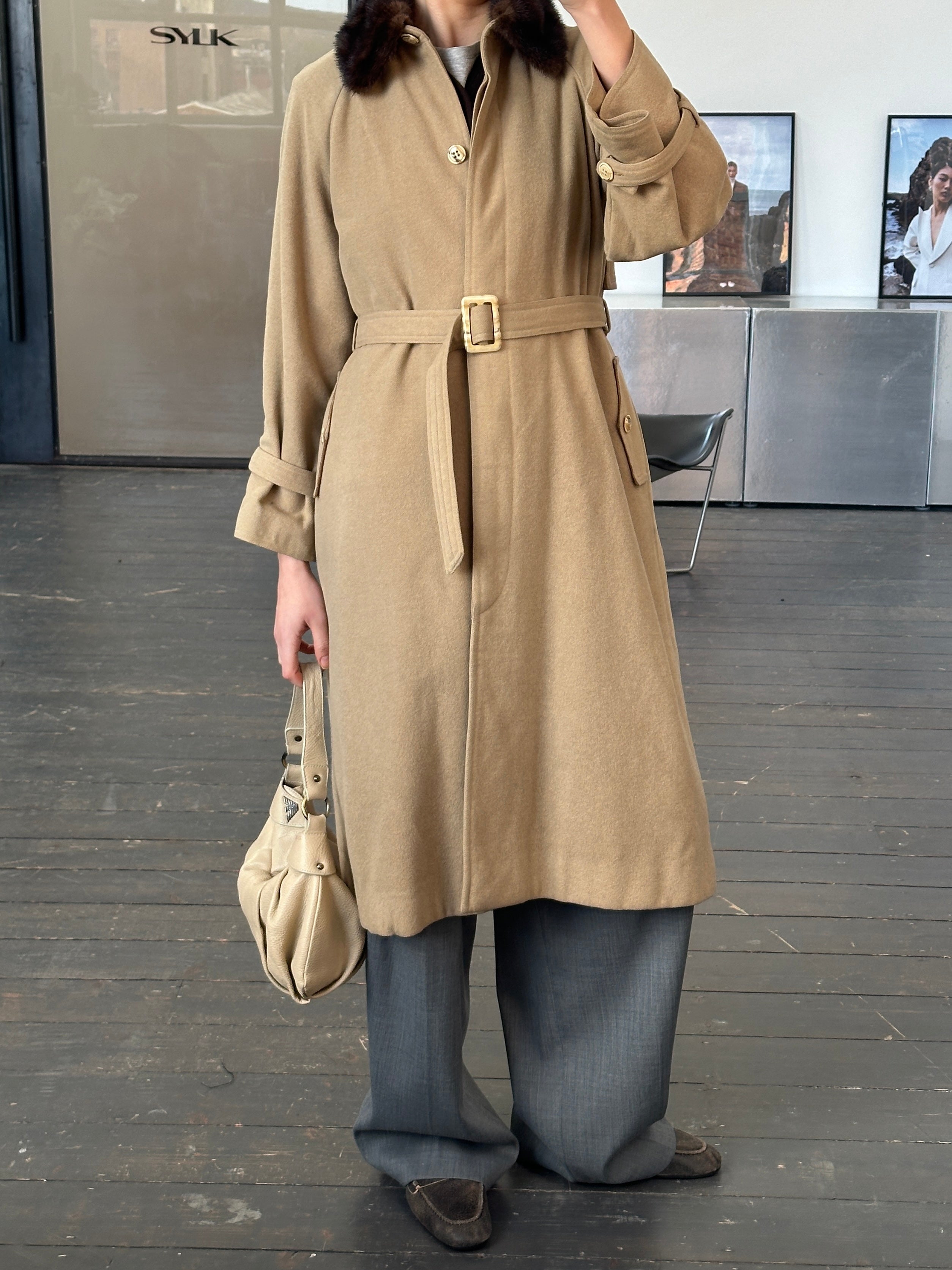 Vintage 1980s wool double-faced fur collar belted coat, size small, featuring classic retro style and warm, textured fabric.