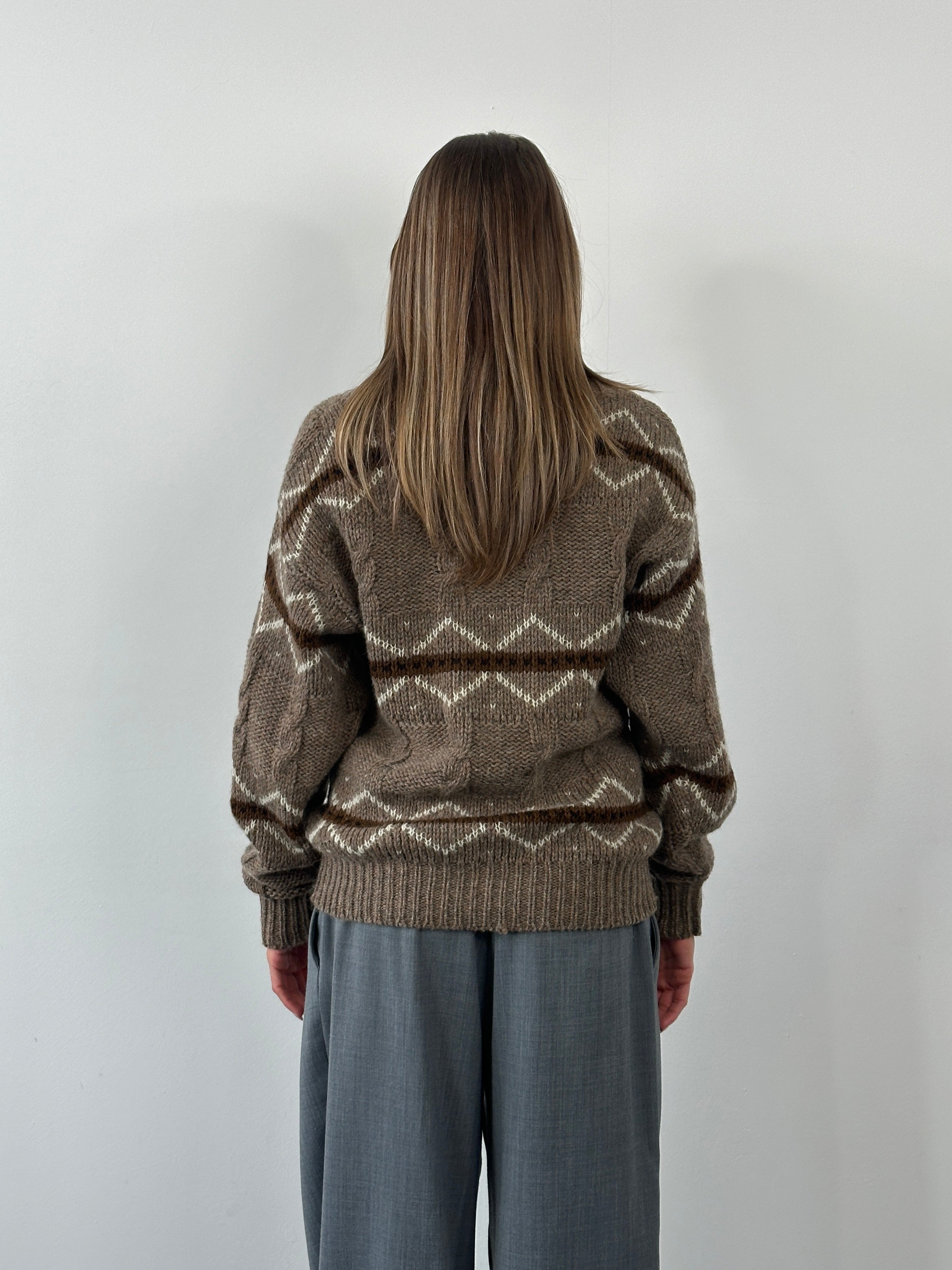 Vintage Italian 1990s pure wool chunky stripe jumper, size large, featuring bold colorful knit pattern and cozy texture.
