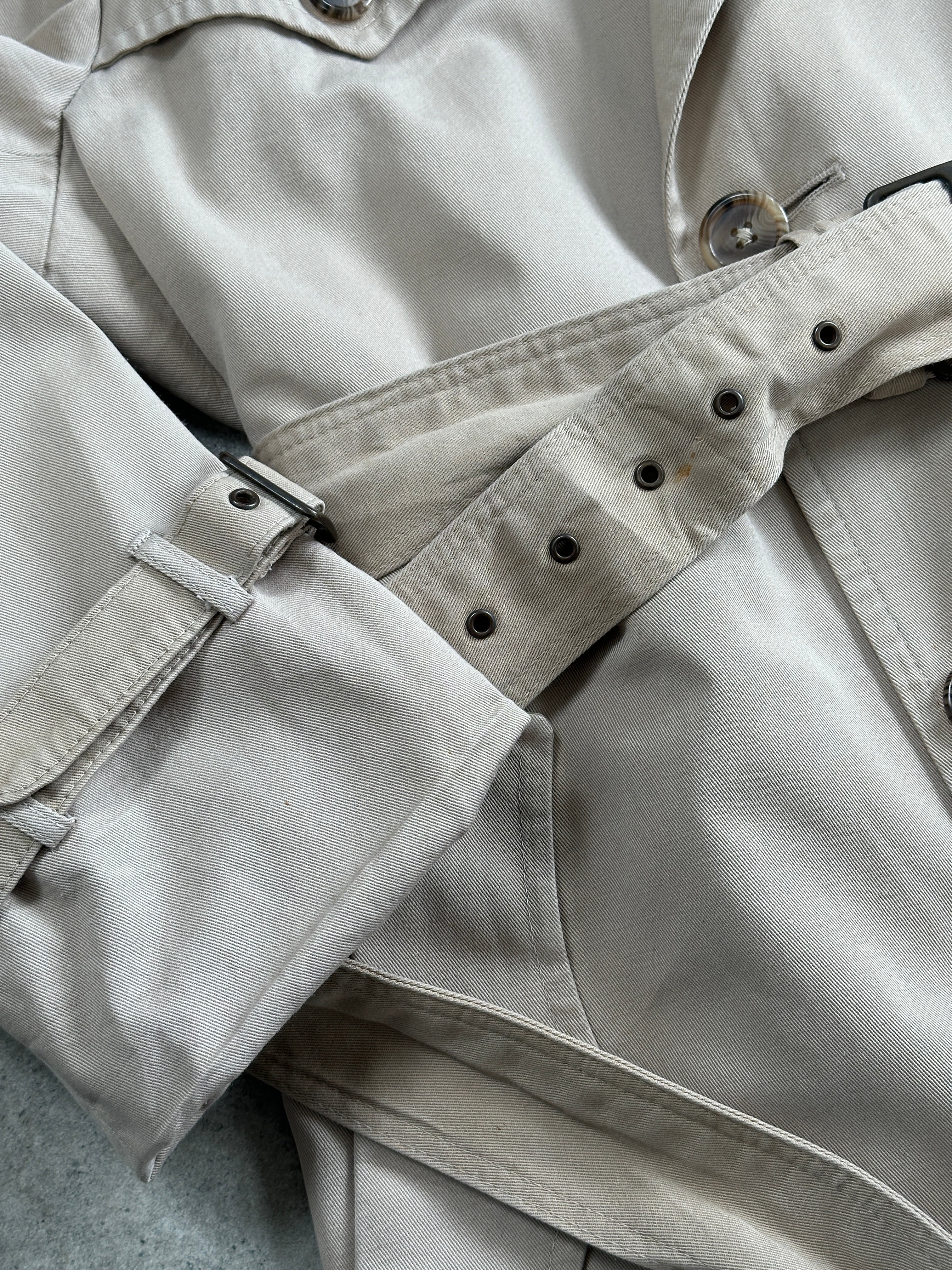 Christian Dior Monsieur cotton double-breasted belted trench coat in size L/XL, shown with classic style and tailored fit.