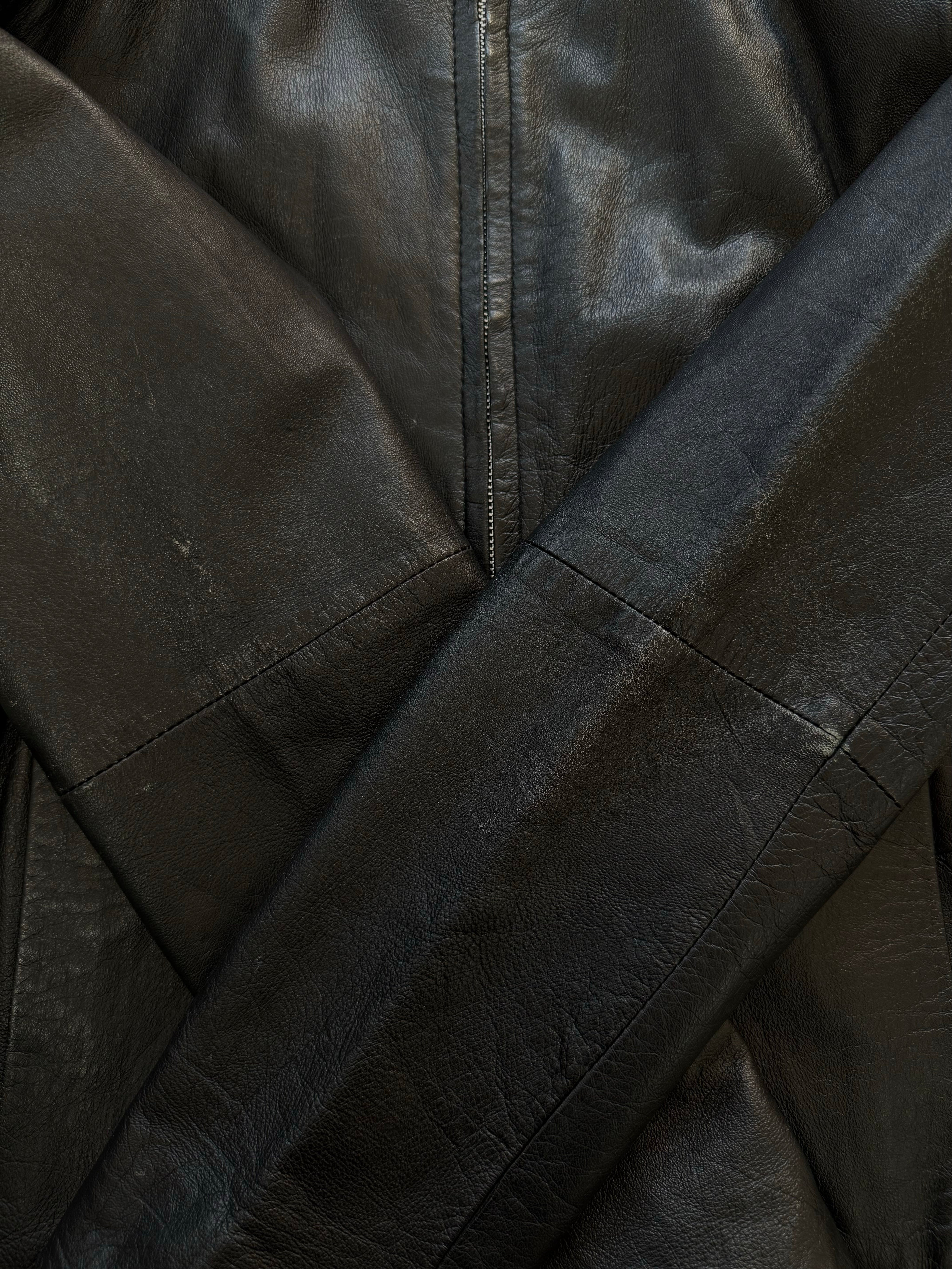 Vintage 1990s leather high neck jacket, slim fit style, black leather with classic design, front zipper, and high collar.