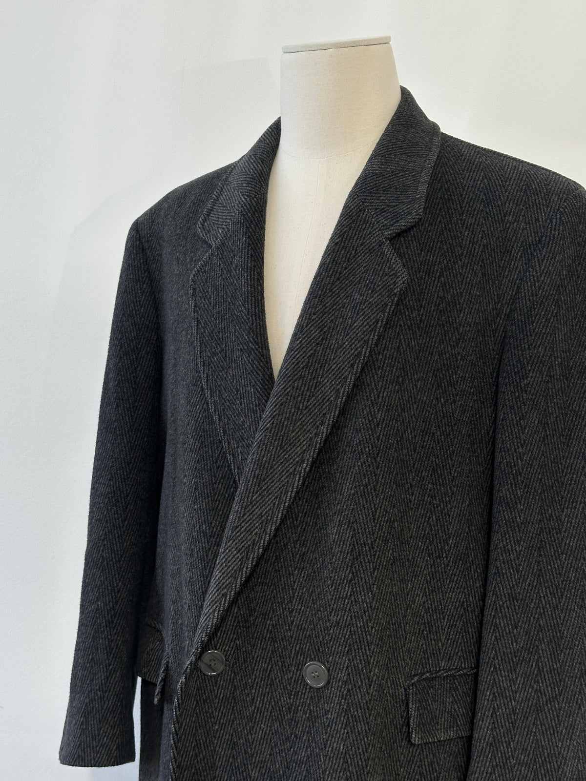 Vintage 1990s Wool Cashmere Herringbone Double Breasted Coat - XL