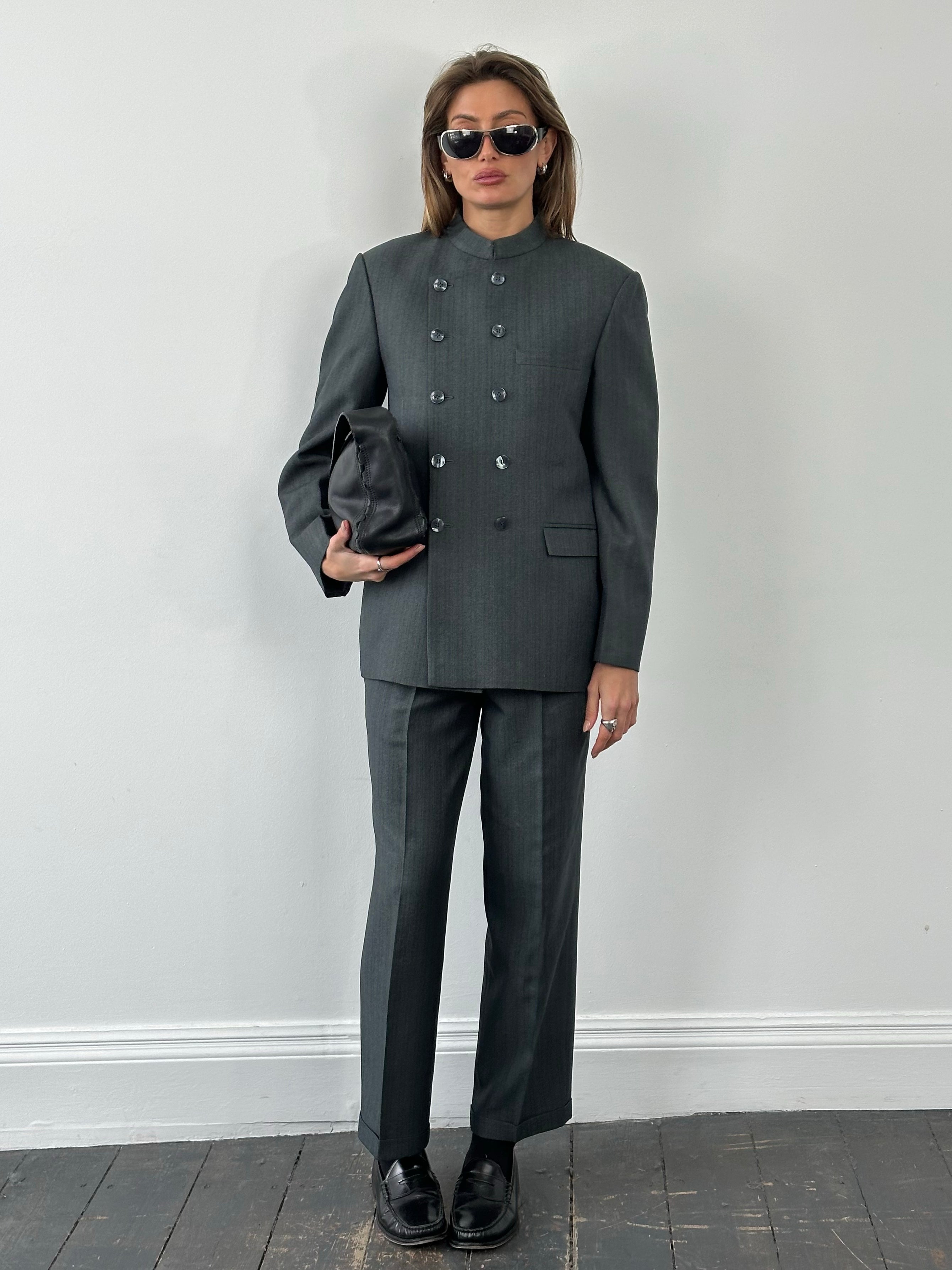 Vintage 1990s Stand Collar Double Breasted Stripe Suit - M