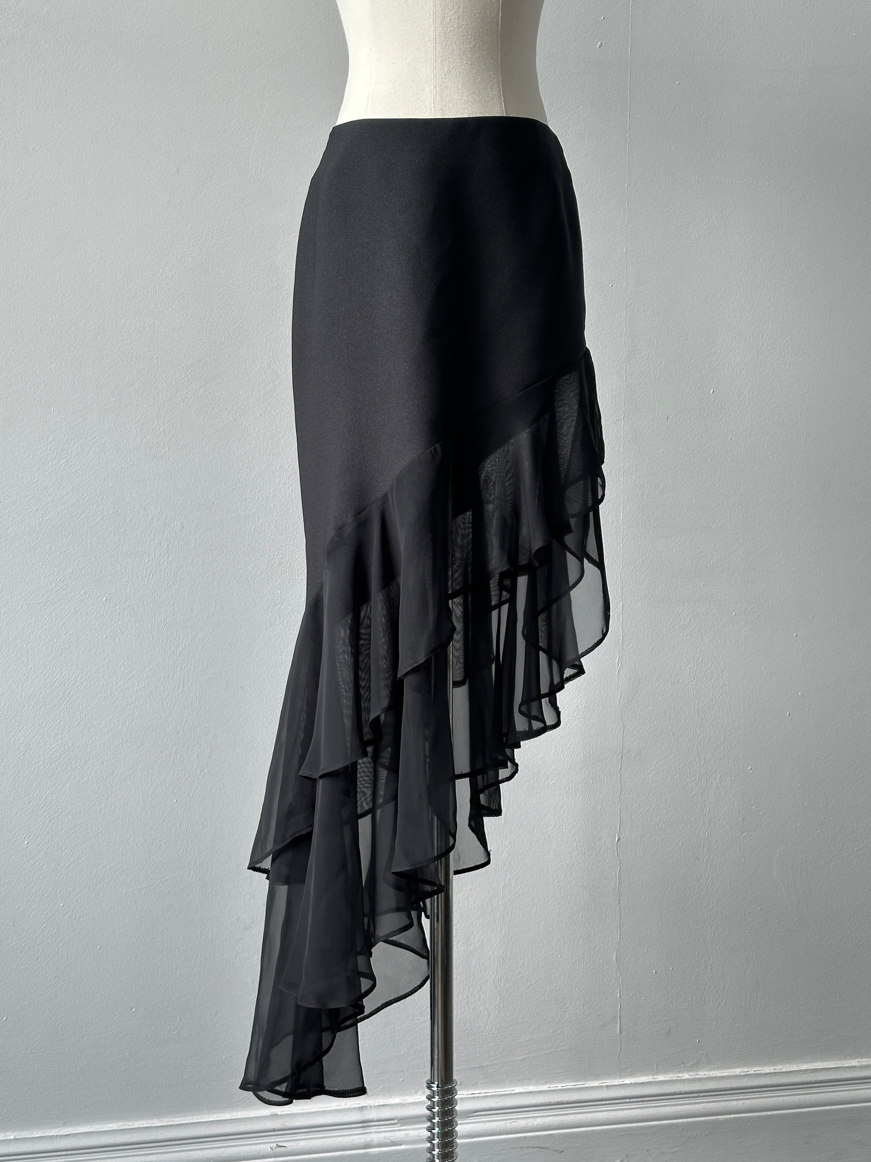 British Vintage 1990s Asymmetric Ruffle Midi Skirt - W28