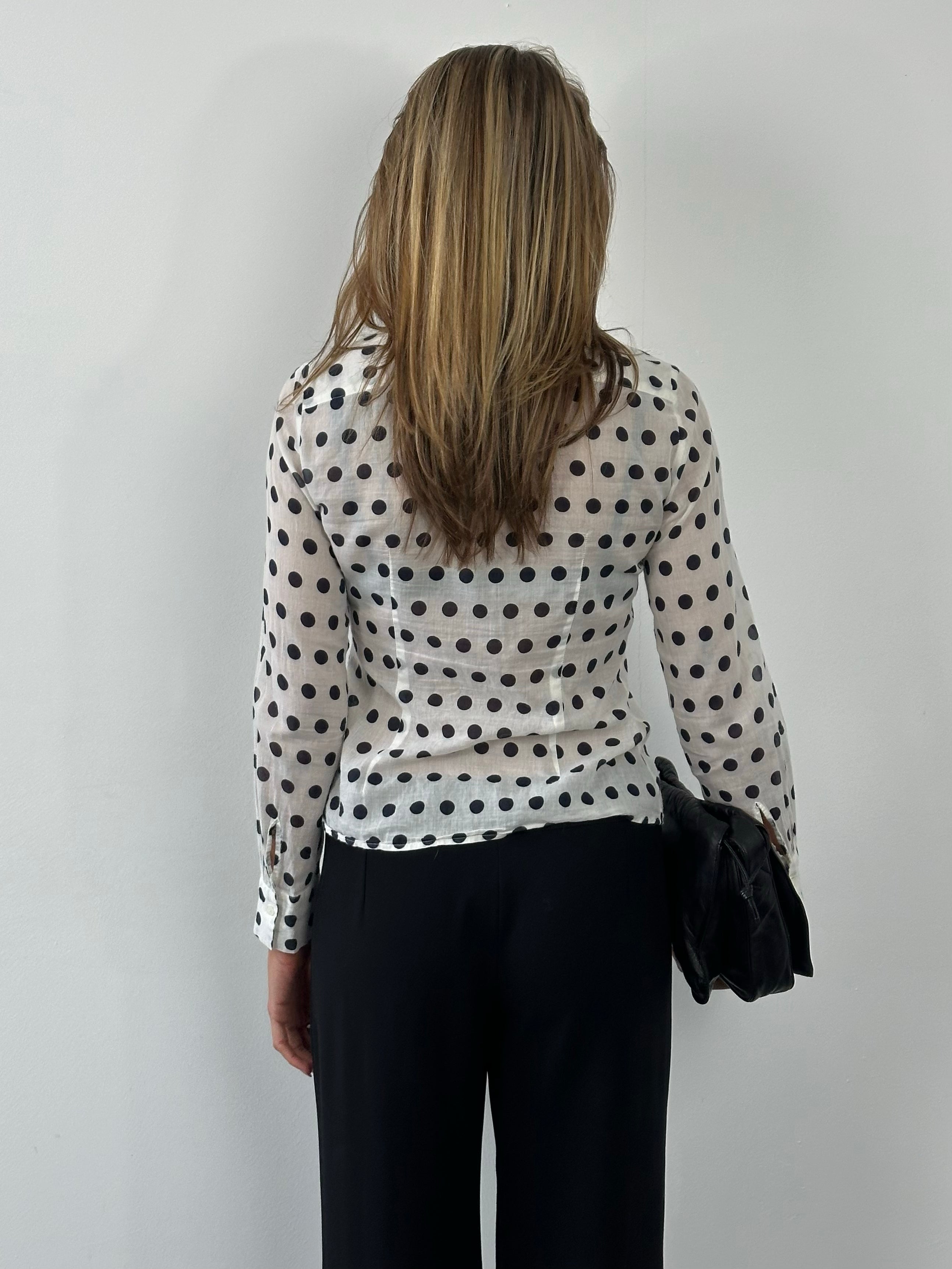 Marella 2000s pure cotton polka dot shirt in size S, featuring classic black and white polka dot pattern and button-down style.