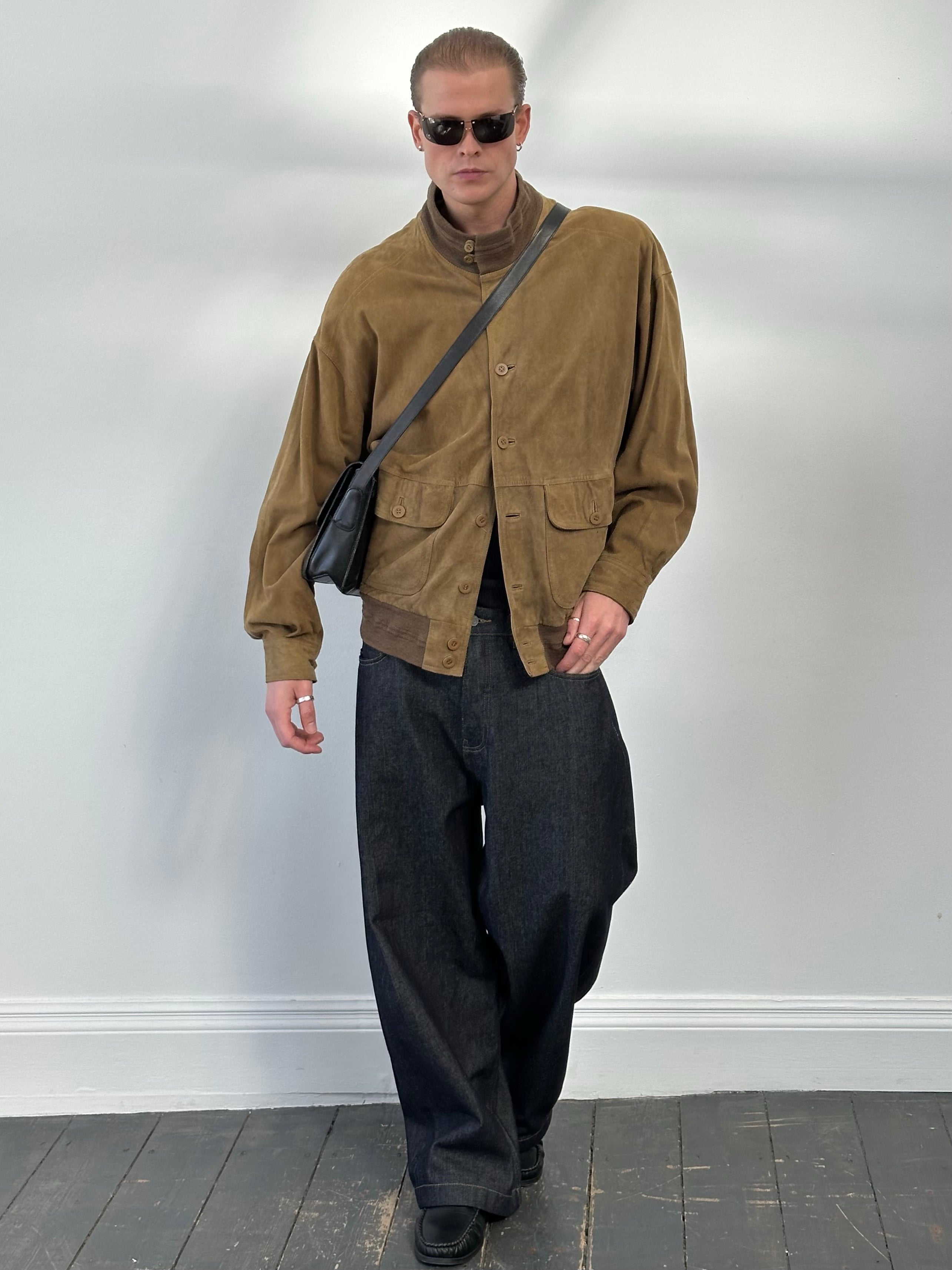Vintage 1990s High Neck Suede Bomber Jacket - L