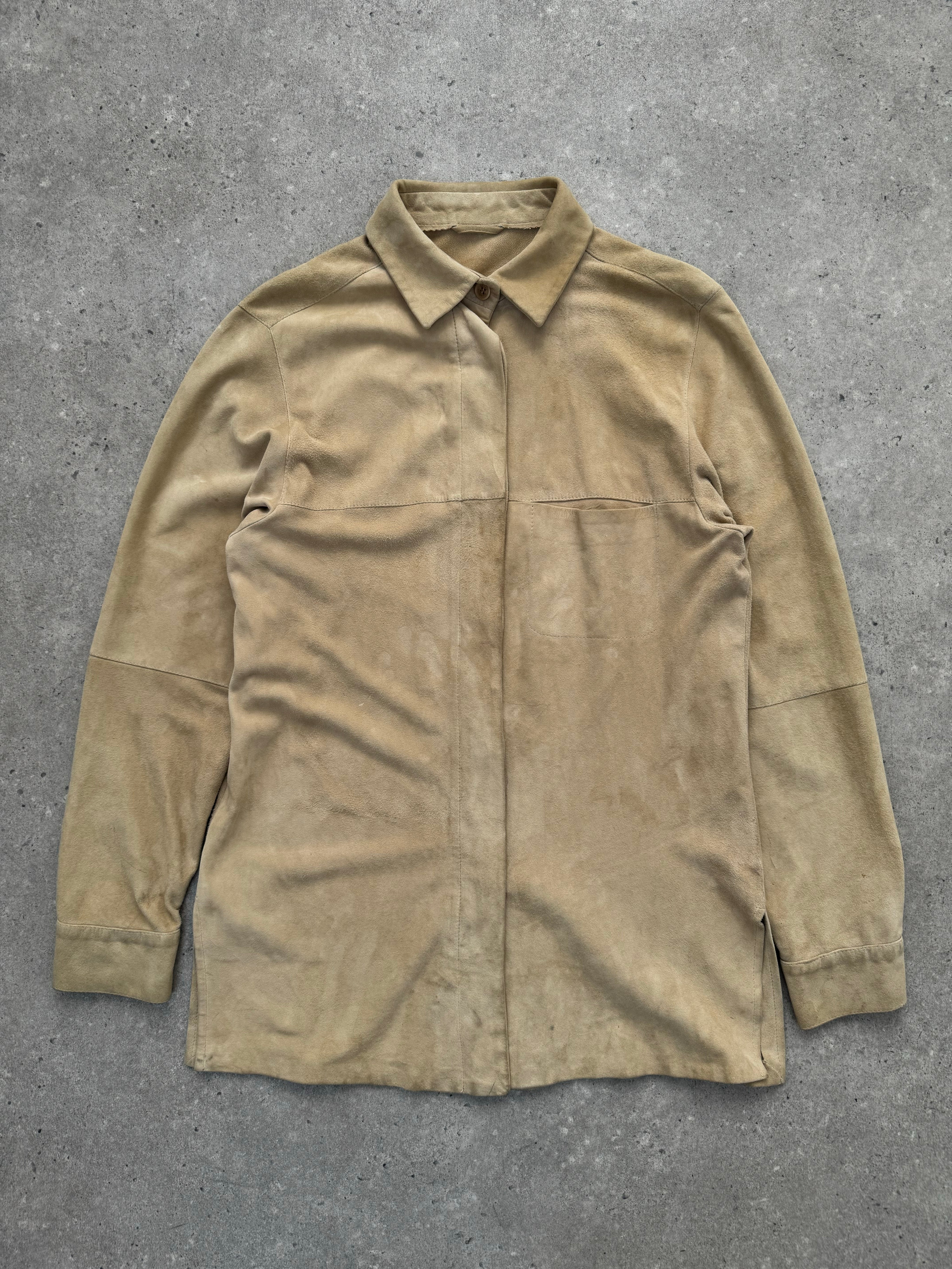 Marella 1990s suede minimal shirt in beige, long-sleeve design with classic collar and button-up front, displayed on a hanger.