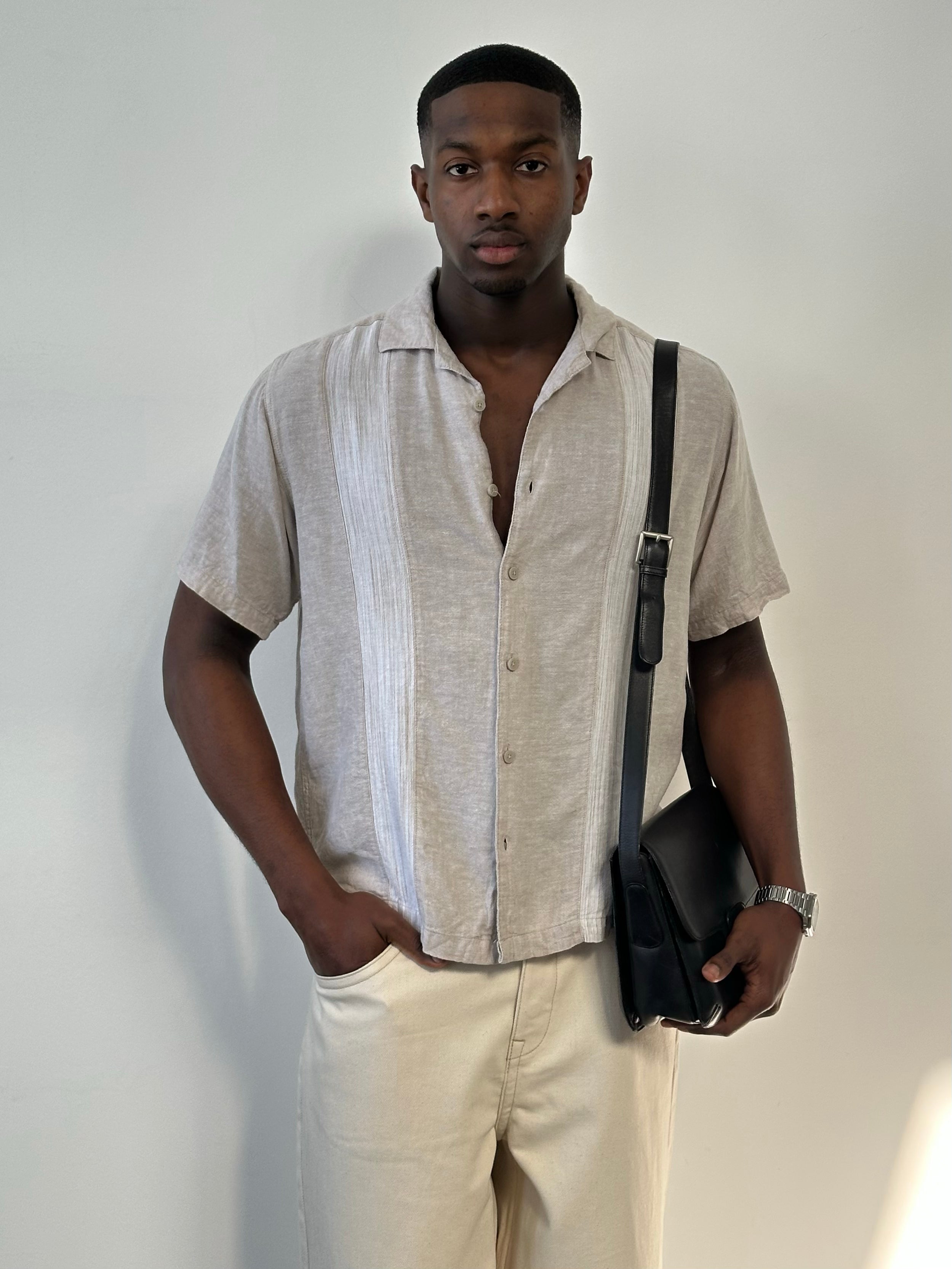 Vintage 2000s linen cotton short sleeve stripe shirt, medium size, with classic horizontal blue and white stripes.