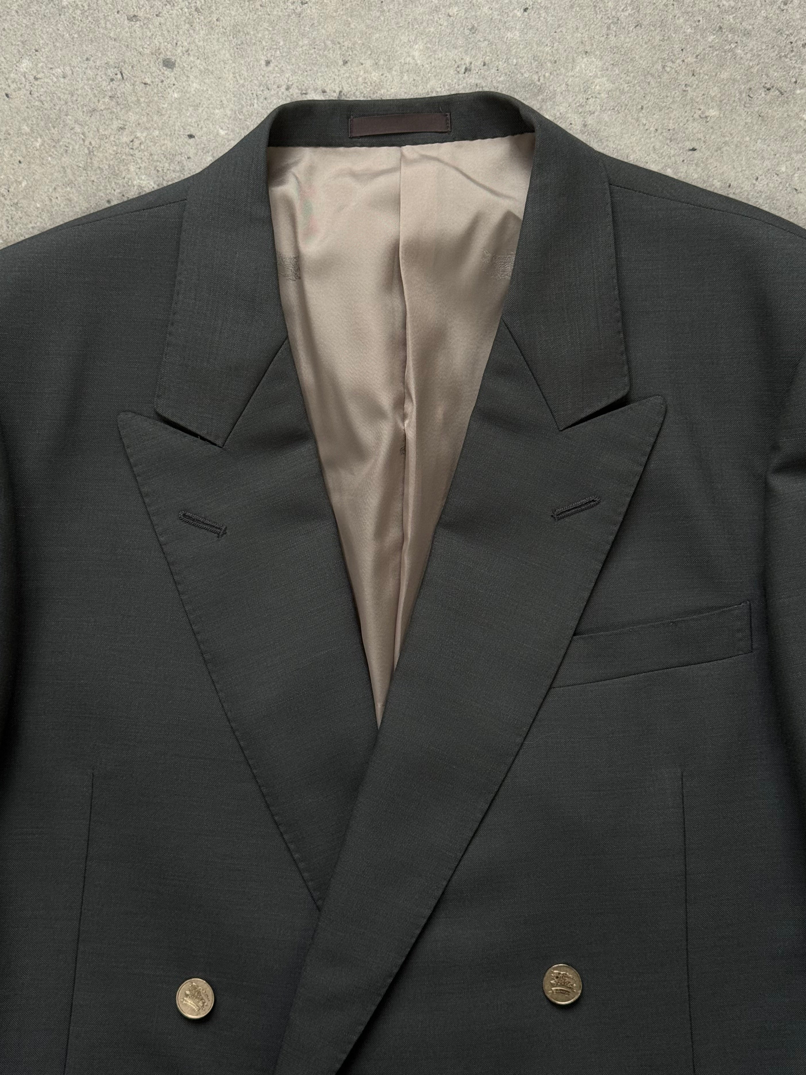 Burberry 1990s wool mohair double-breasted blazer in XL, shown on a hanger with classic plaid lining and tailored fit.