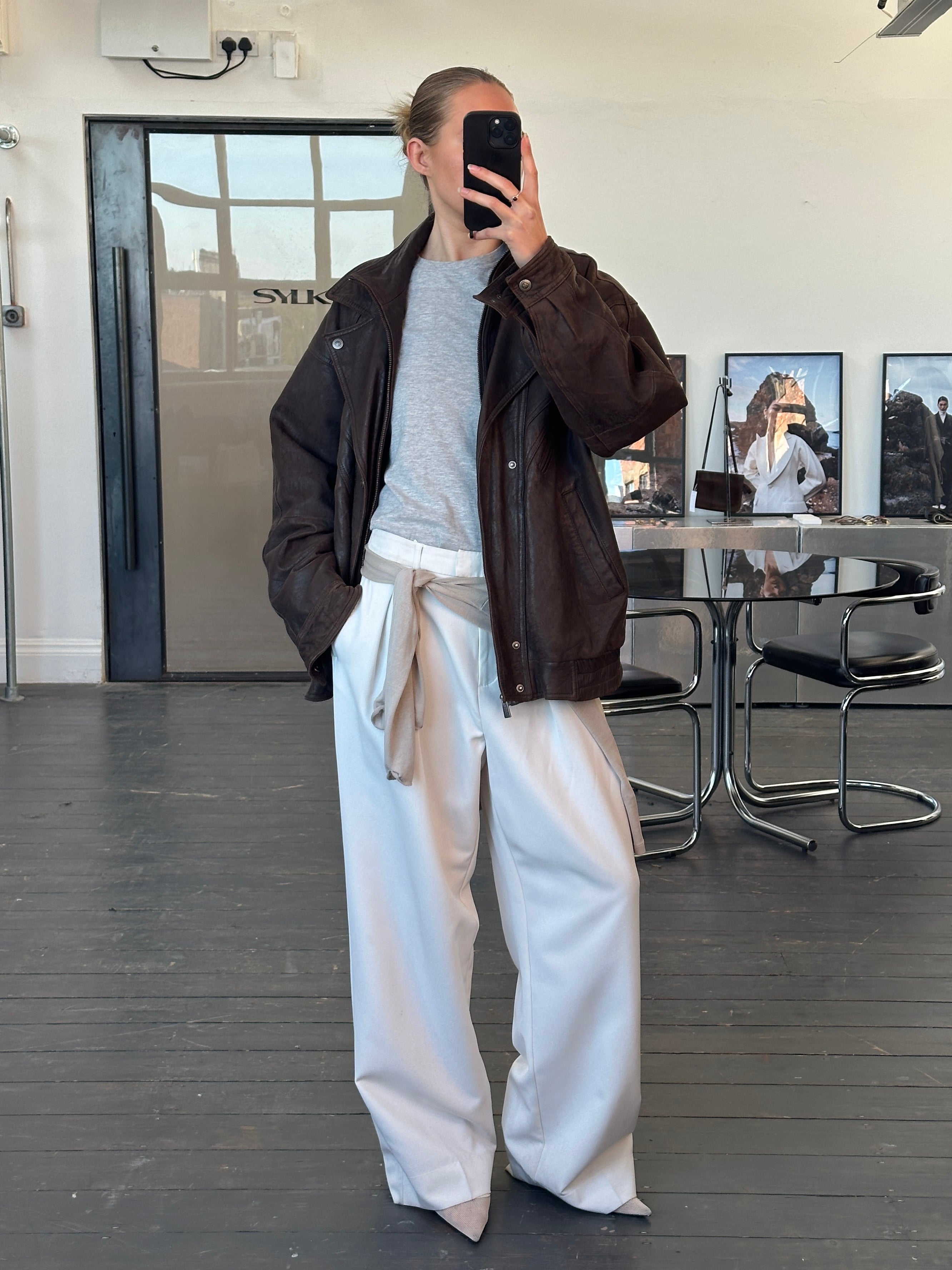 Vintage 1990s High Neck Bomber Leather Jacket - XL - SYLK