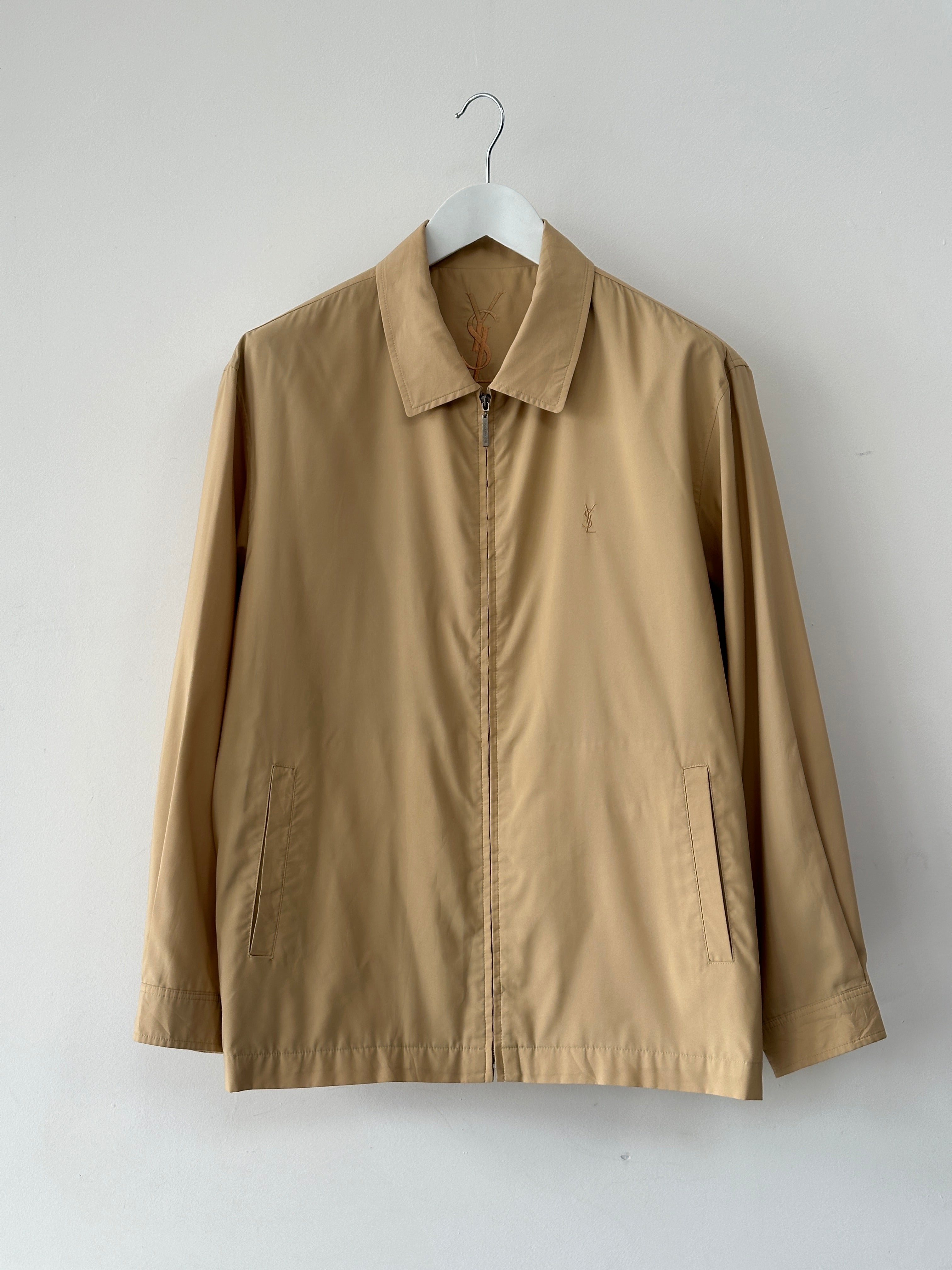 Yves Saint Laurent Pour Homme logo bomber jacket in size L, black jacket with YSL branding and ribbed cuffs and collar.
