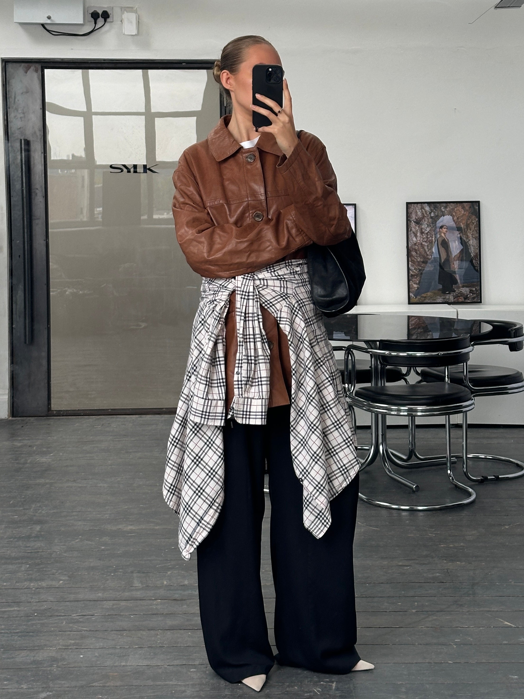 Burberry London 2000s aged smooth leather jacket in XL, showing front view with classic design and rich texture.