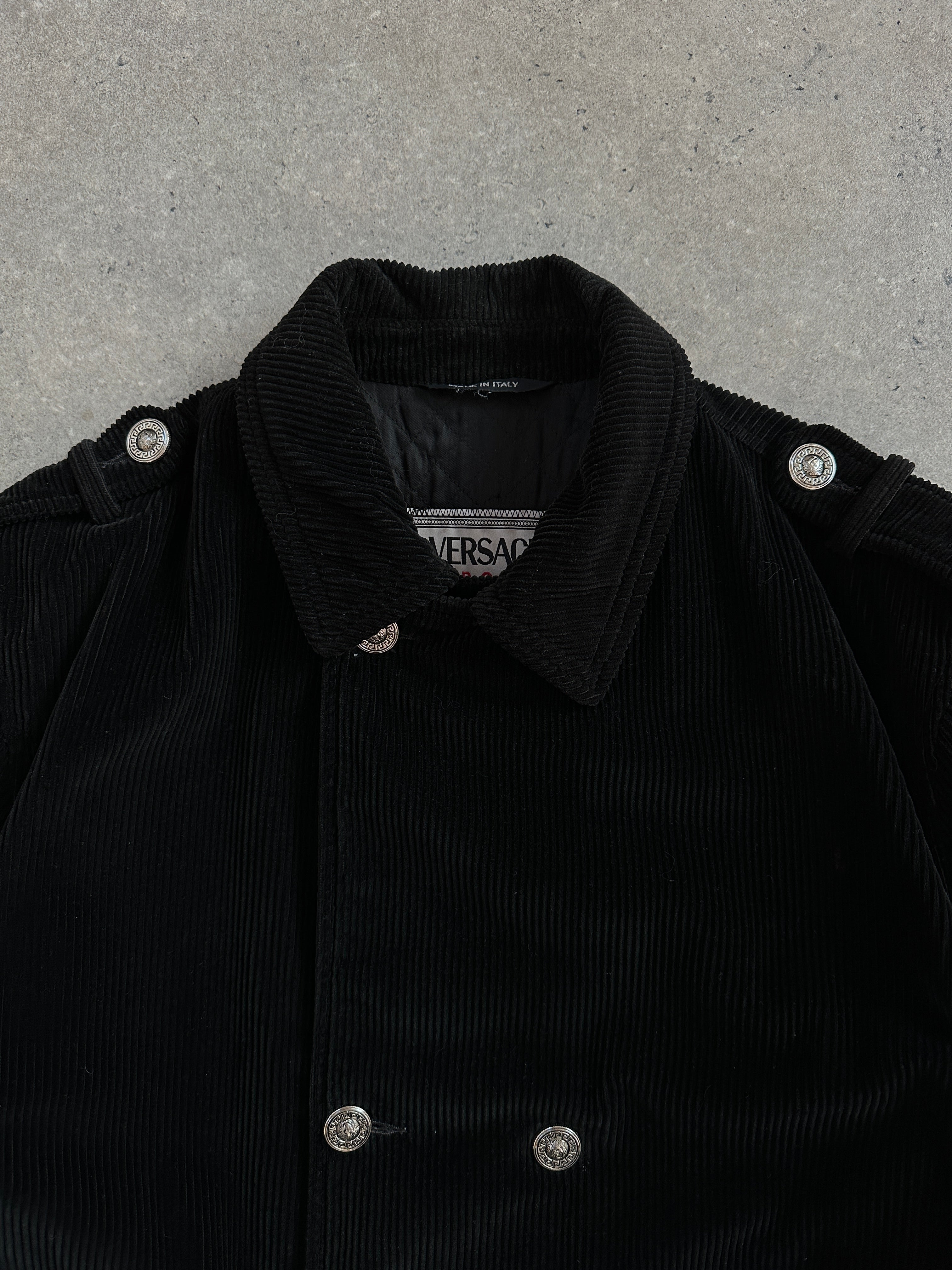 Versace Sport 1990s bespoke Medusa button corduroy double-breasted coat in XL, featuring classic design and detailed Medusa accents.