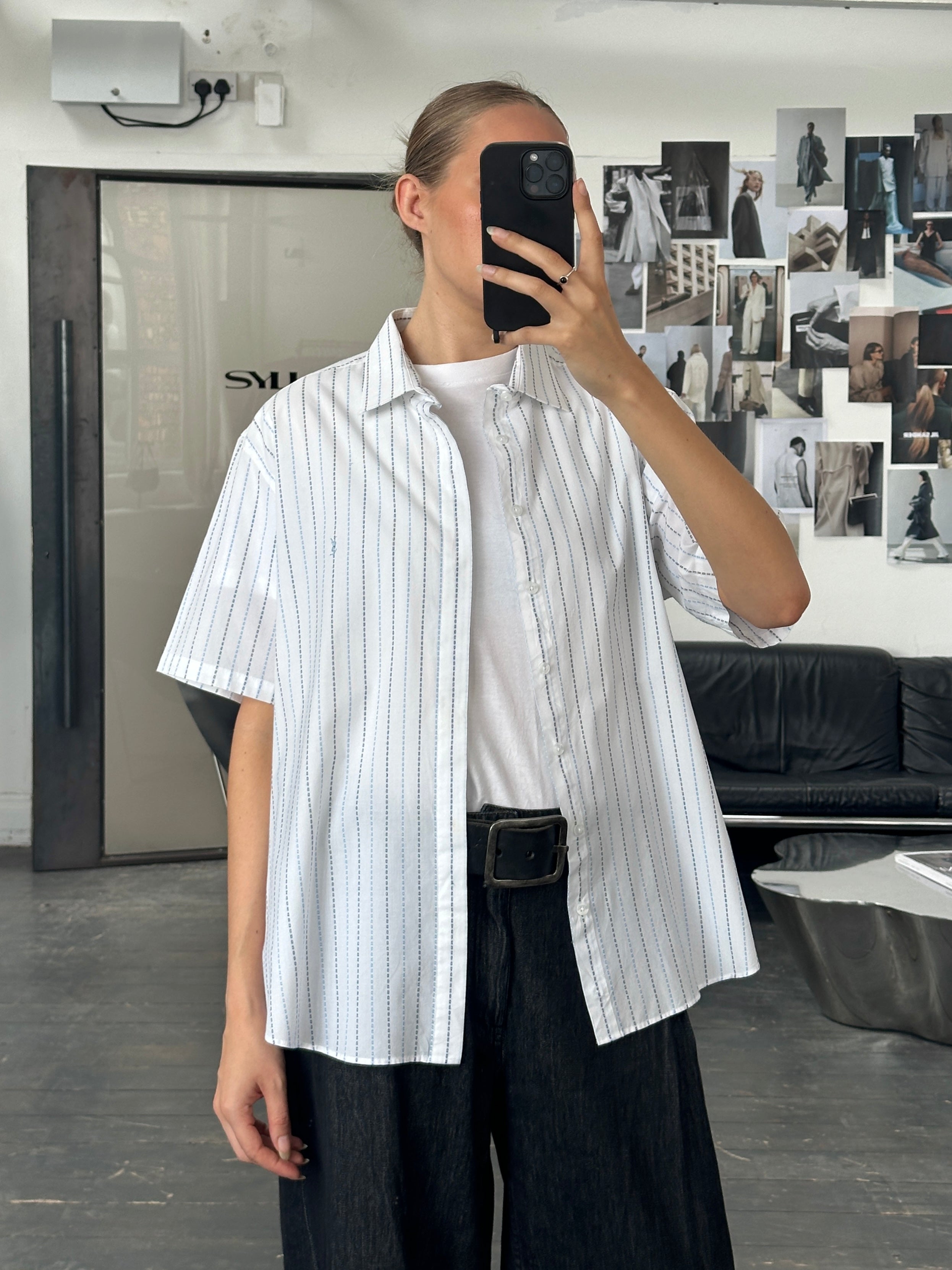 Yves Saint Laurent Pour Homme check cotton short sleeve shirt in size L, featuring a classic logo design.