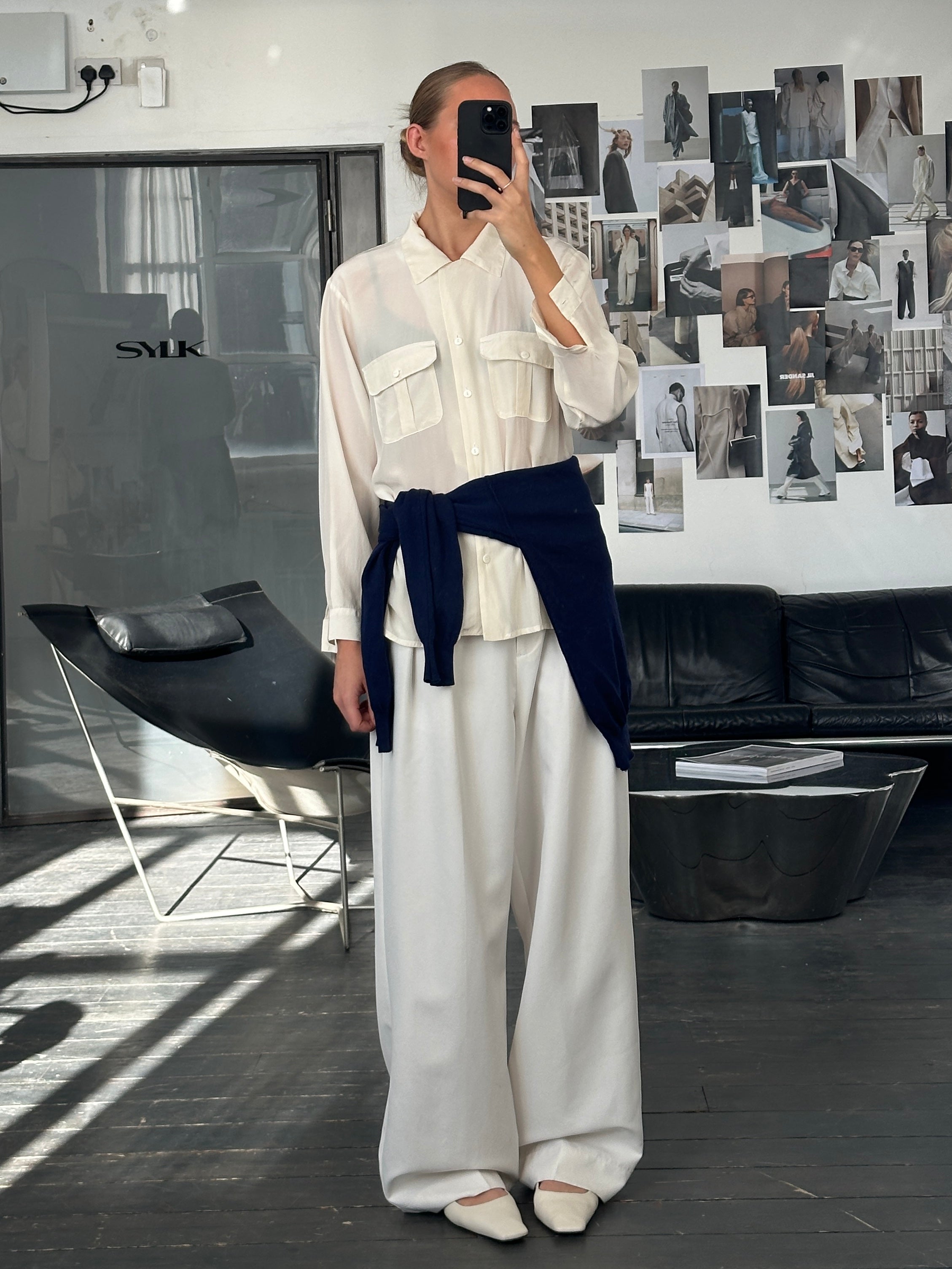 Vintage 1990s pure silk minimal shirt in size M, showcasing smooth fabric and classic design in a vintage style.