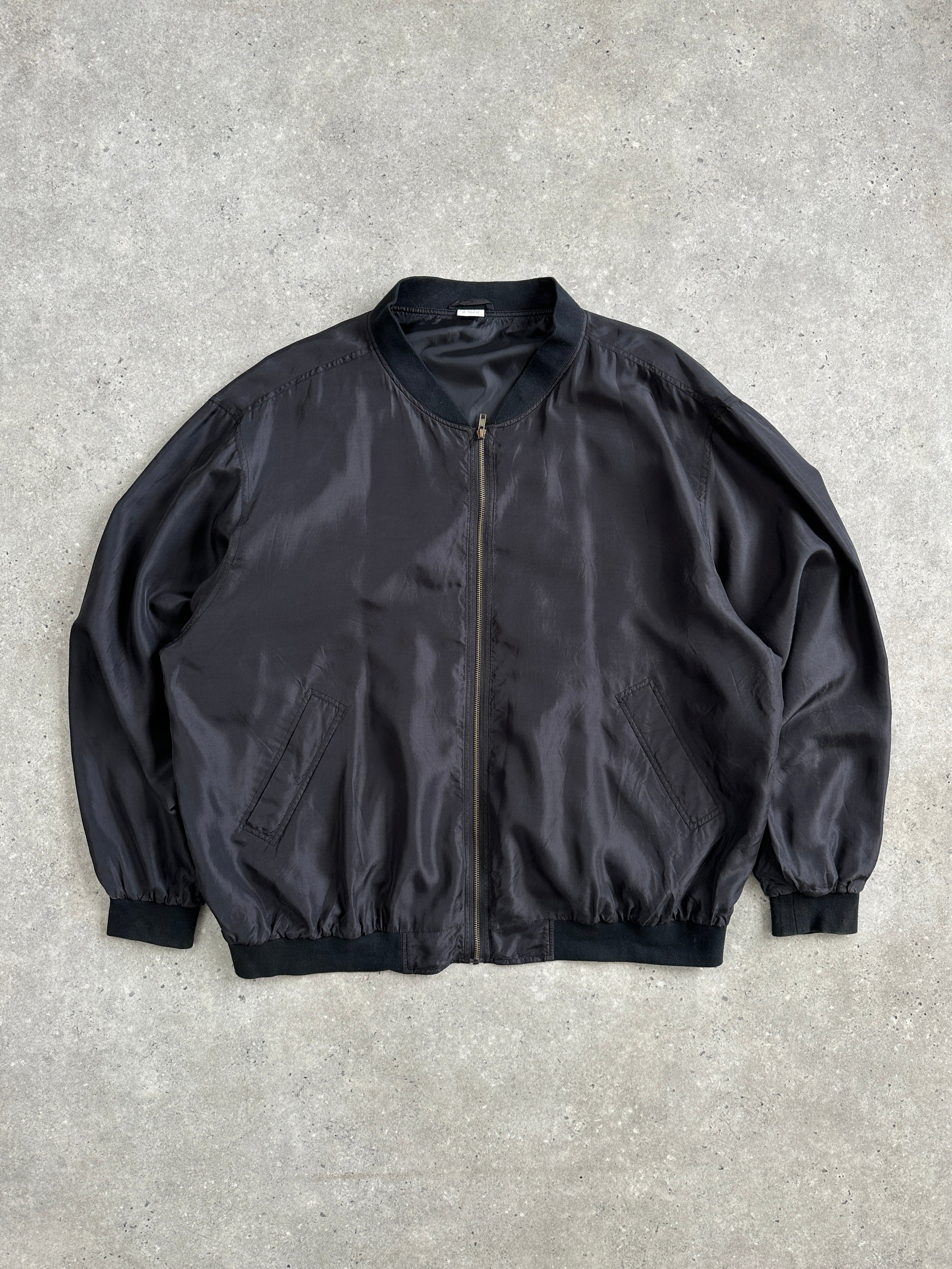 Vintage 1990s pure silk bomber jacket in XXXL size, featuring classic design and smooth silk fabric.