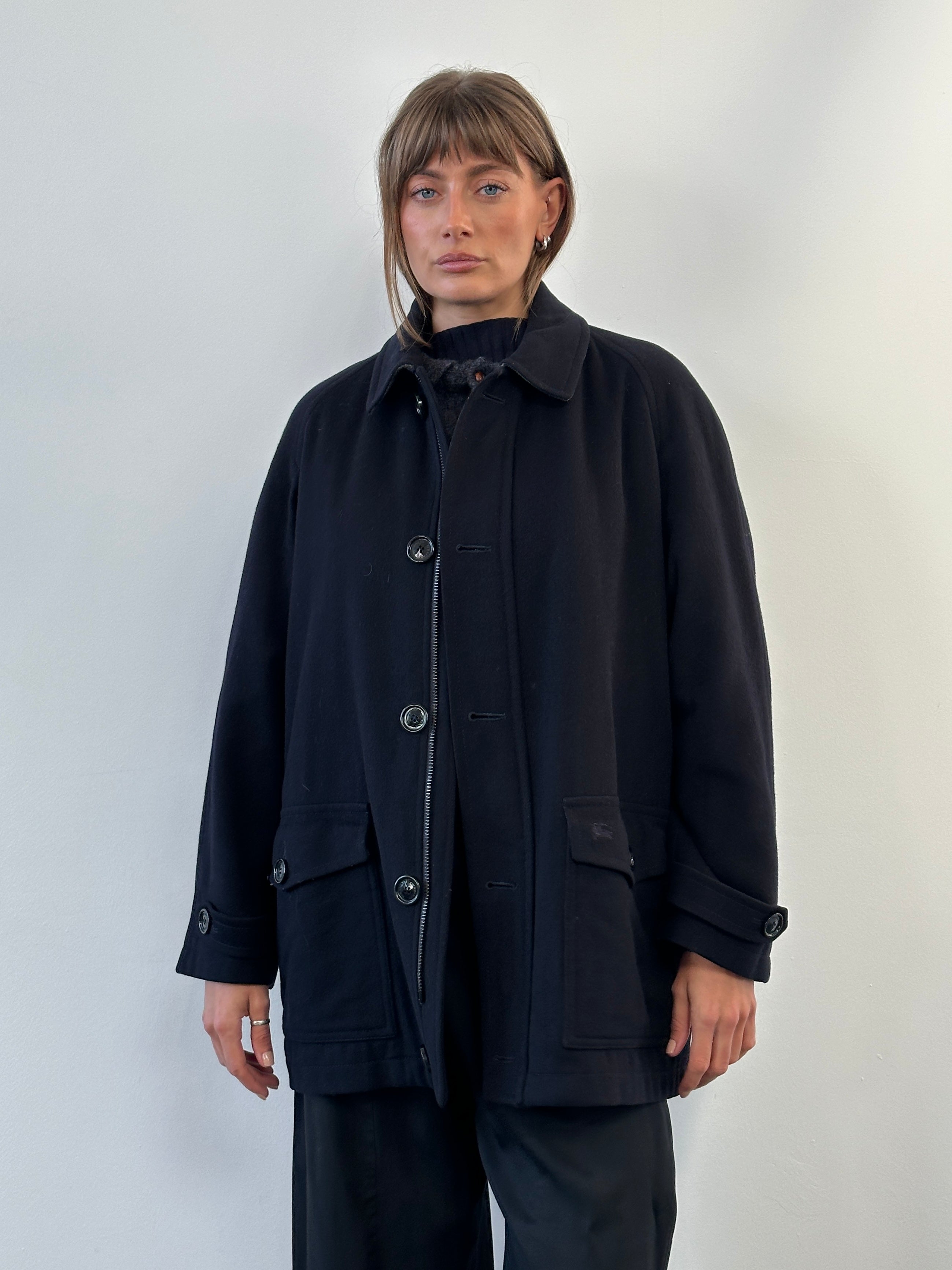 Burberry London 1990s Wool Single Breasted Logo Coat - L/XL Burberry London 1990s Wool Single Breasted Logo Coat - L/XL
