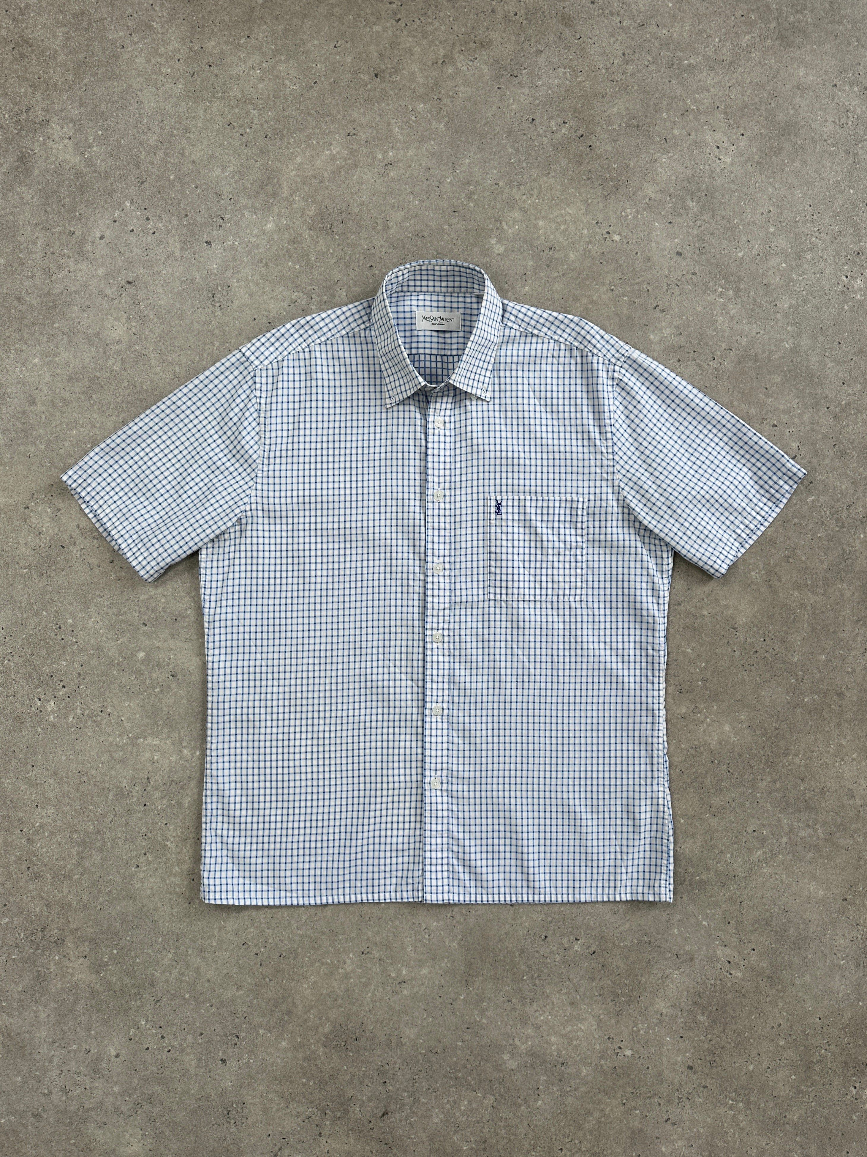 Yves Saint Laurent Pour Homme 2000s cotton check short sleeve logo shirt in size L, featuring a classic checkered pattern and YSL logo.