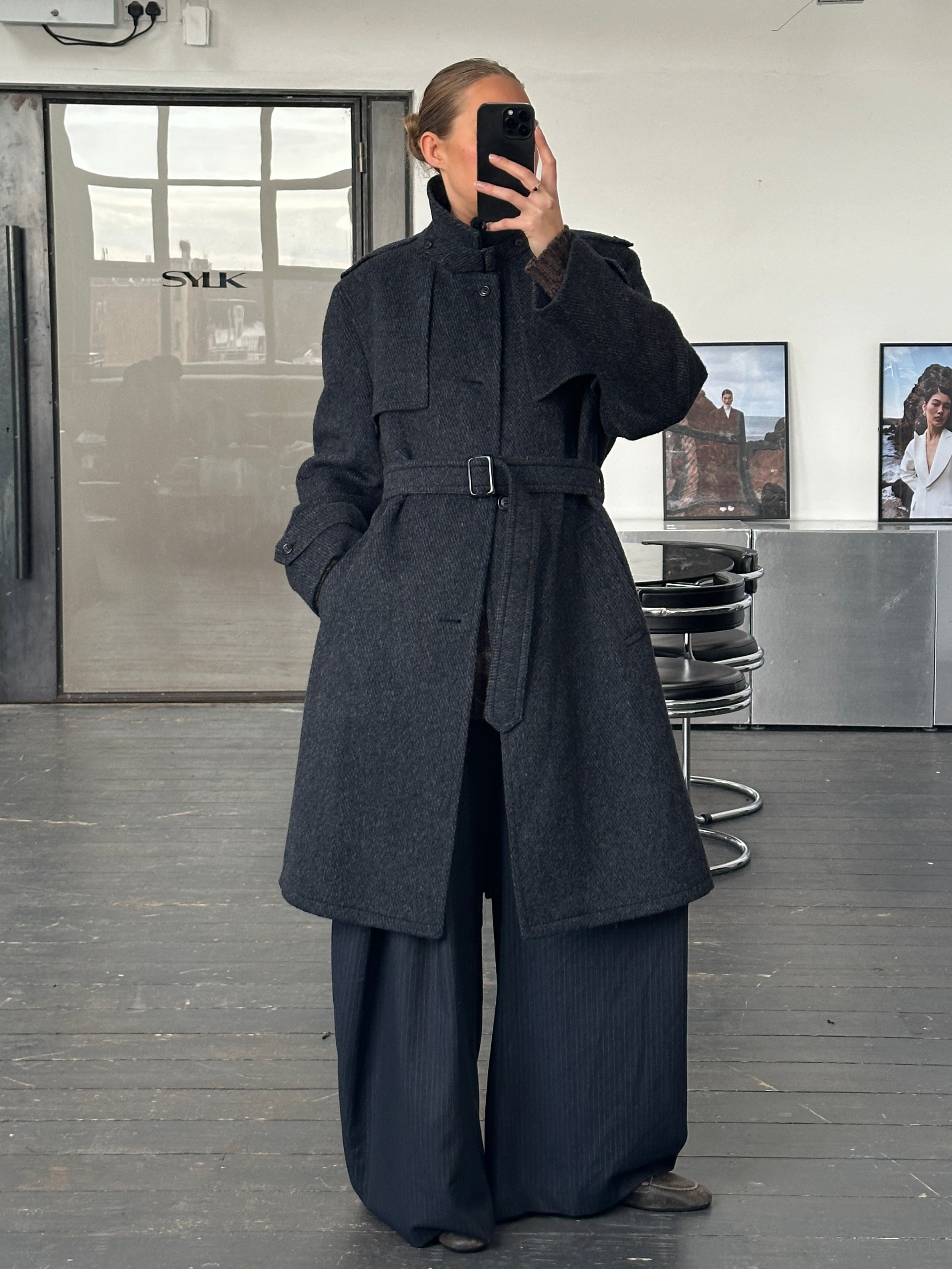Vintage 1990s pure brushed wool high neck belted coat in XL, classic style with a high collar and belt, soft textured fabric.