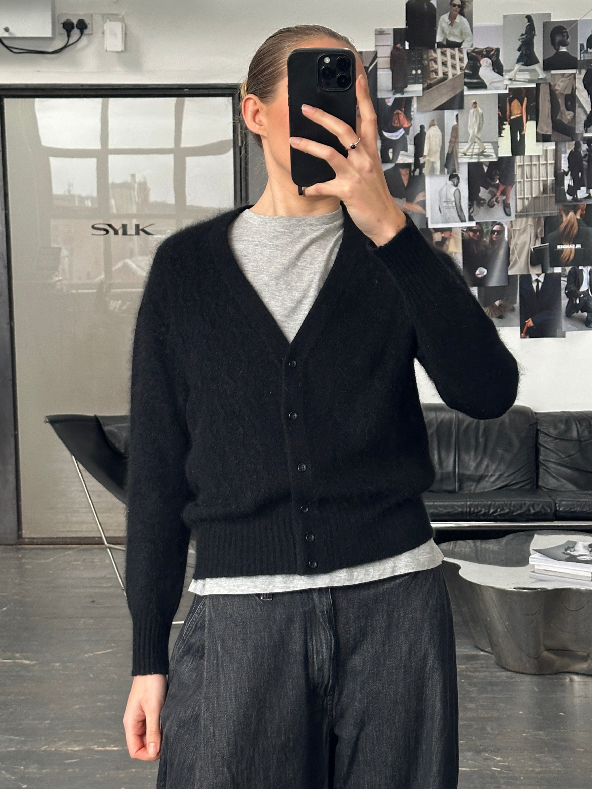 Vintage Italian 1990s angora fuzzy cardigan in size S/M, soft textured knit with cozy, retro style and classic design.