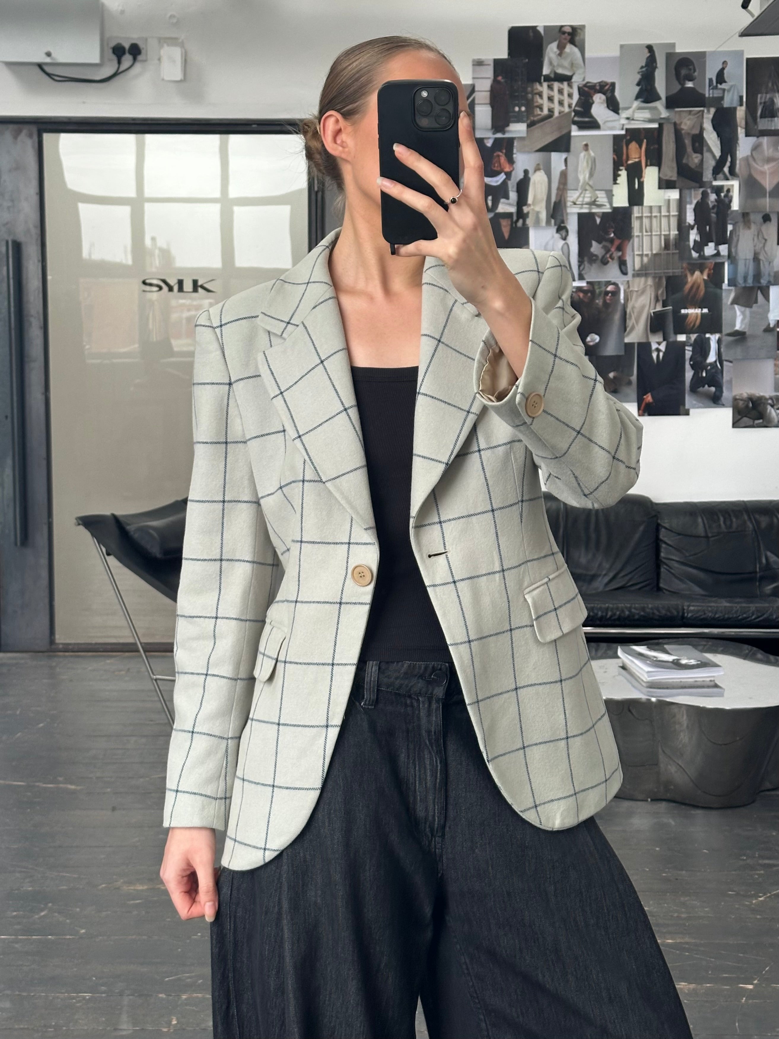 Emporio Armani 1990s wool check blazer in size M, tailored fit with classic plaid pattern and structured lapels.