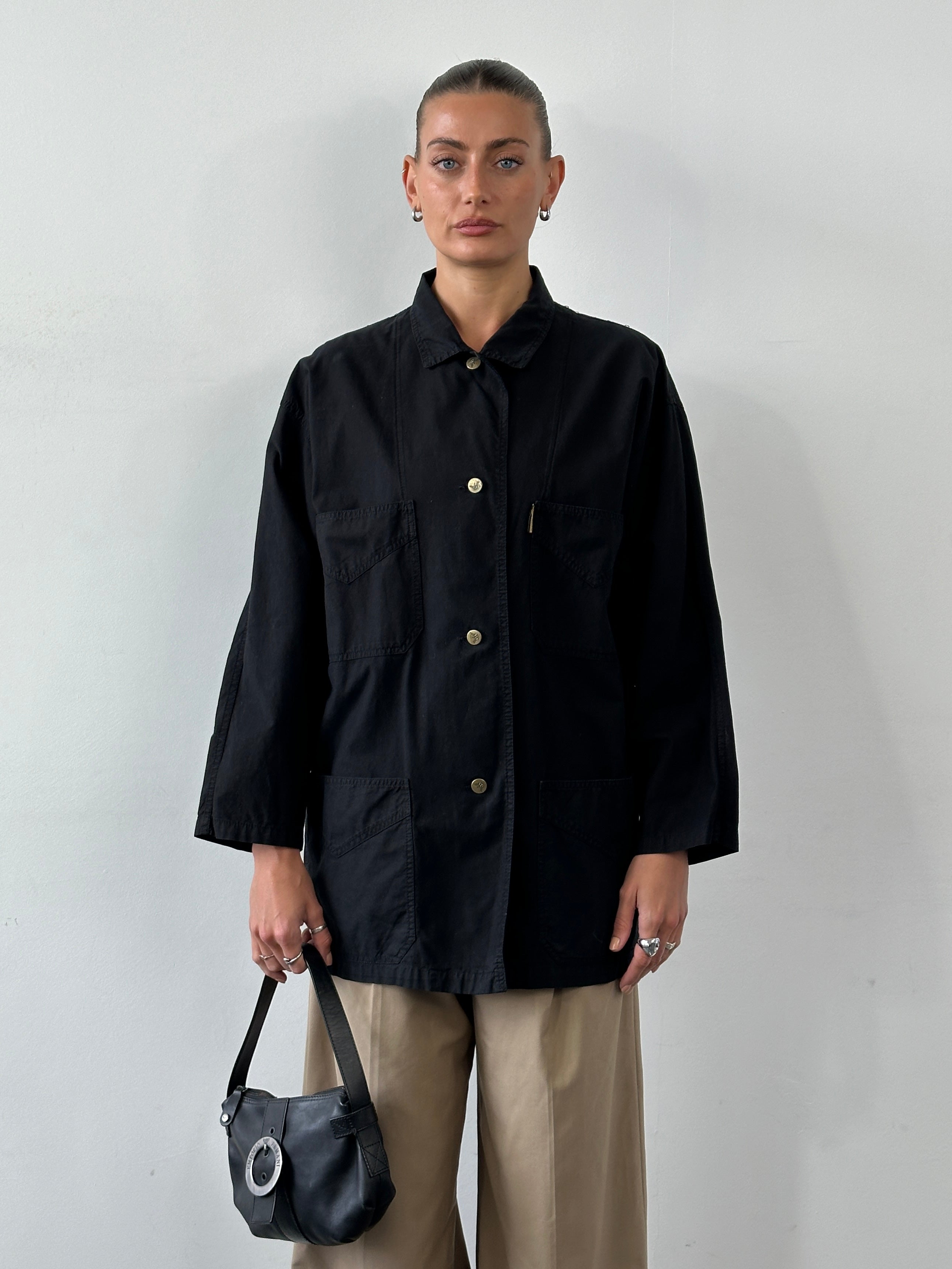 Emporio Armani cotton utility logo jacket in size L, featuring a structured design with brand logo details and functional pockets.