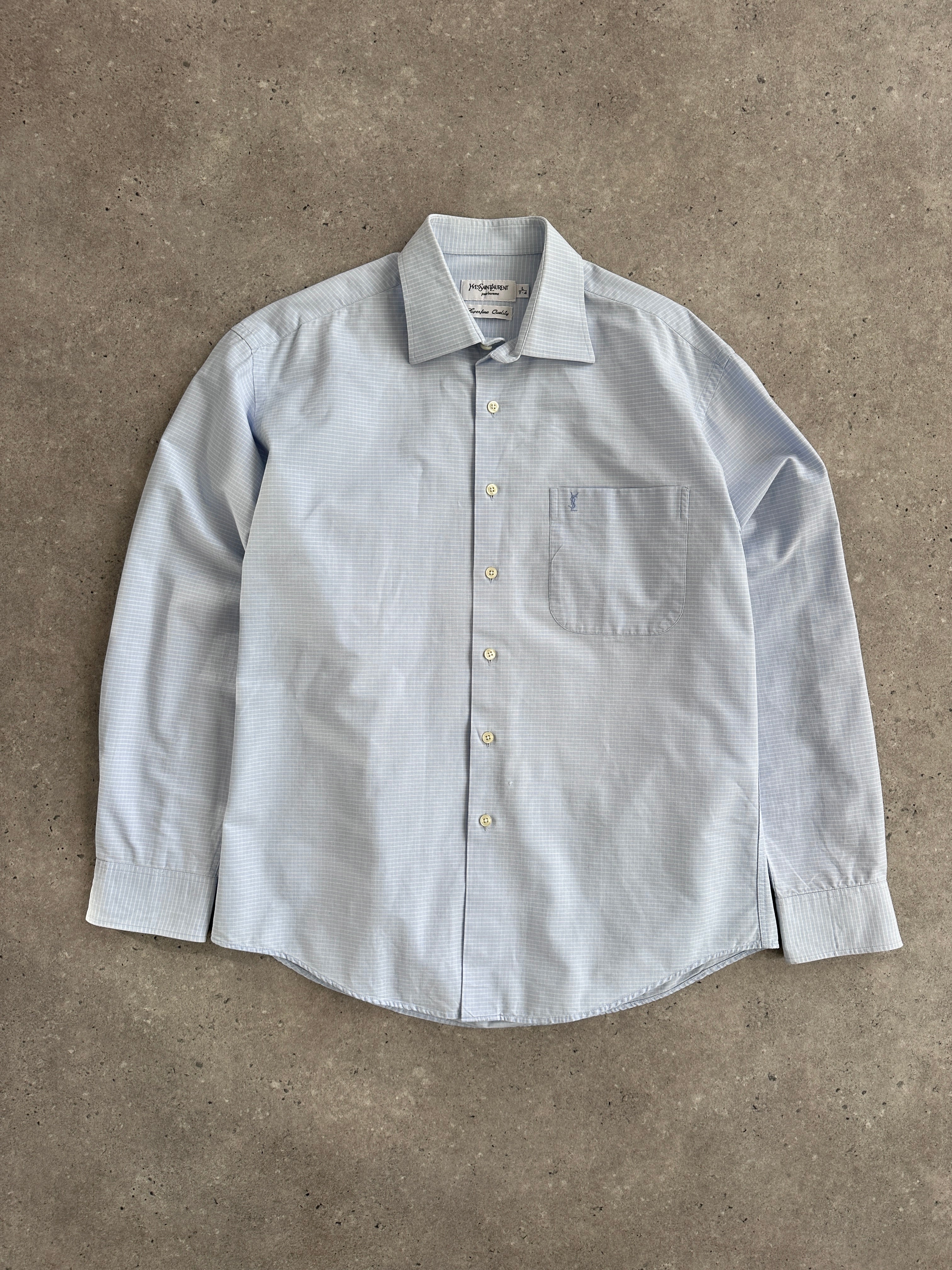 Yves Saint Laurent Pour Homme 1990s cotton check logo shirt, men's size L, with classic check pattern and YSL branding.