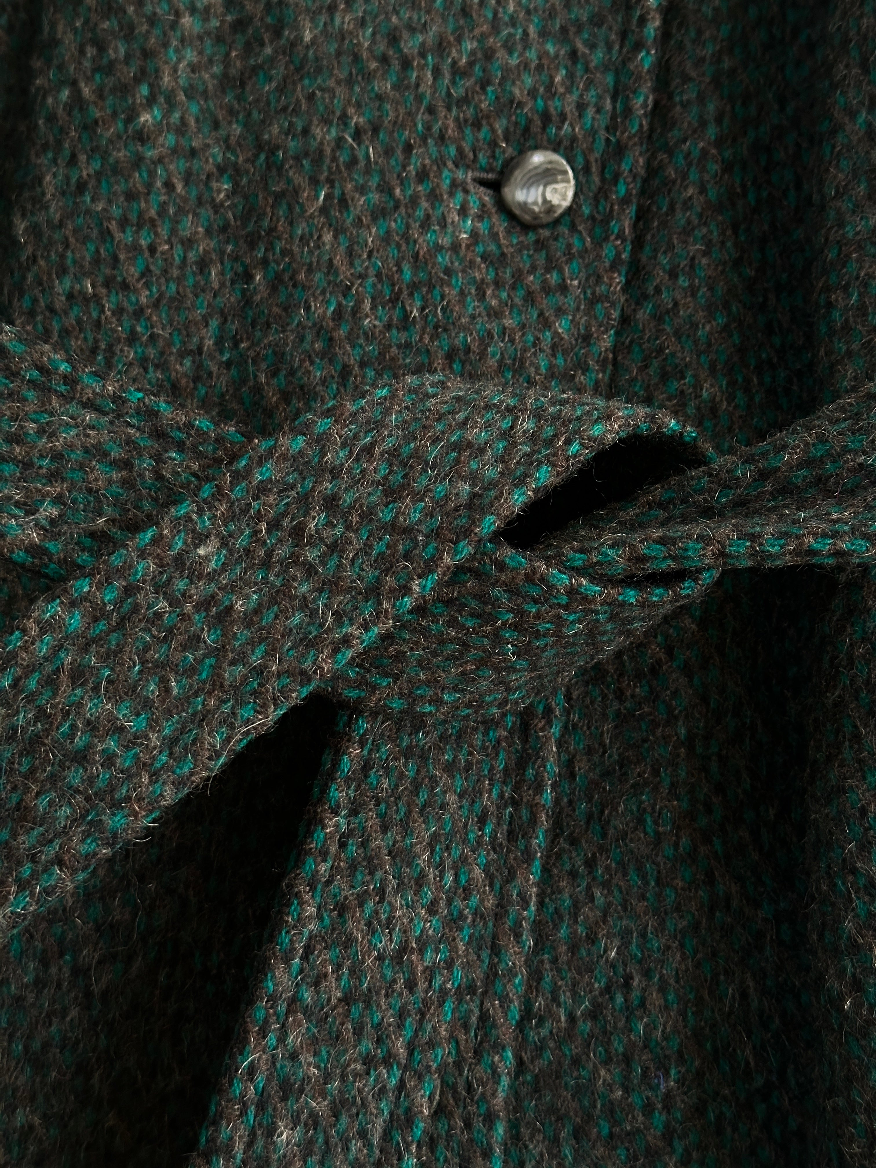 Vintage wool mohair belted floor-length coat, size L, featuring a classic vintage design with a tailored collar and long sleeves.