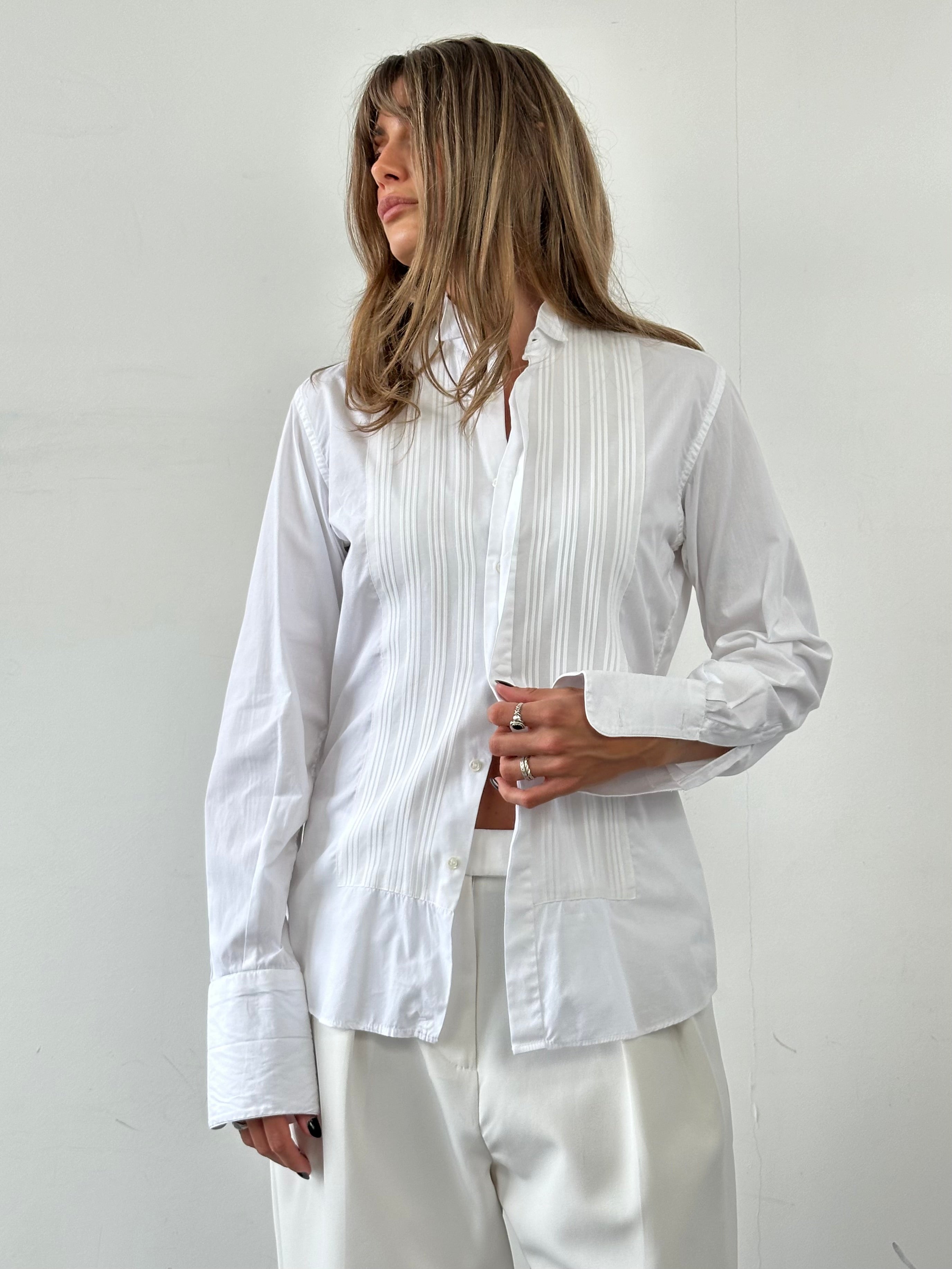 Balmain Pierre Balmain cotton tuxedo dress shirt in size M, featuring classic collar and button-front design, laid flat.