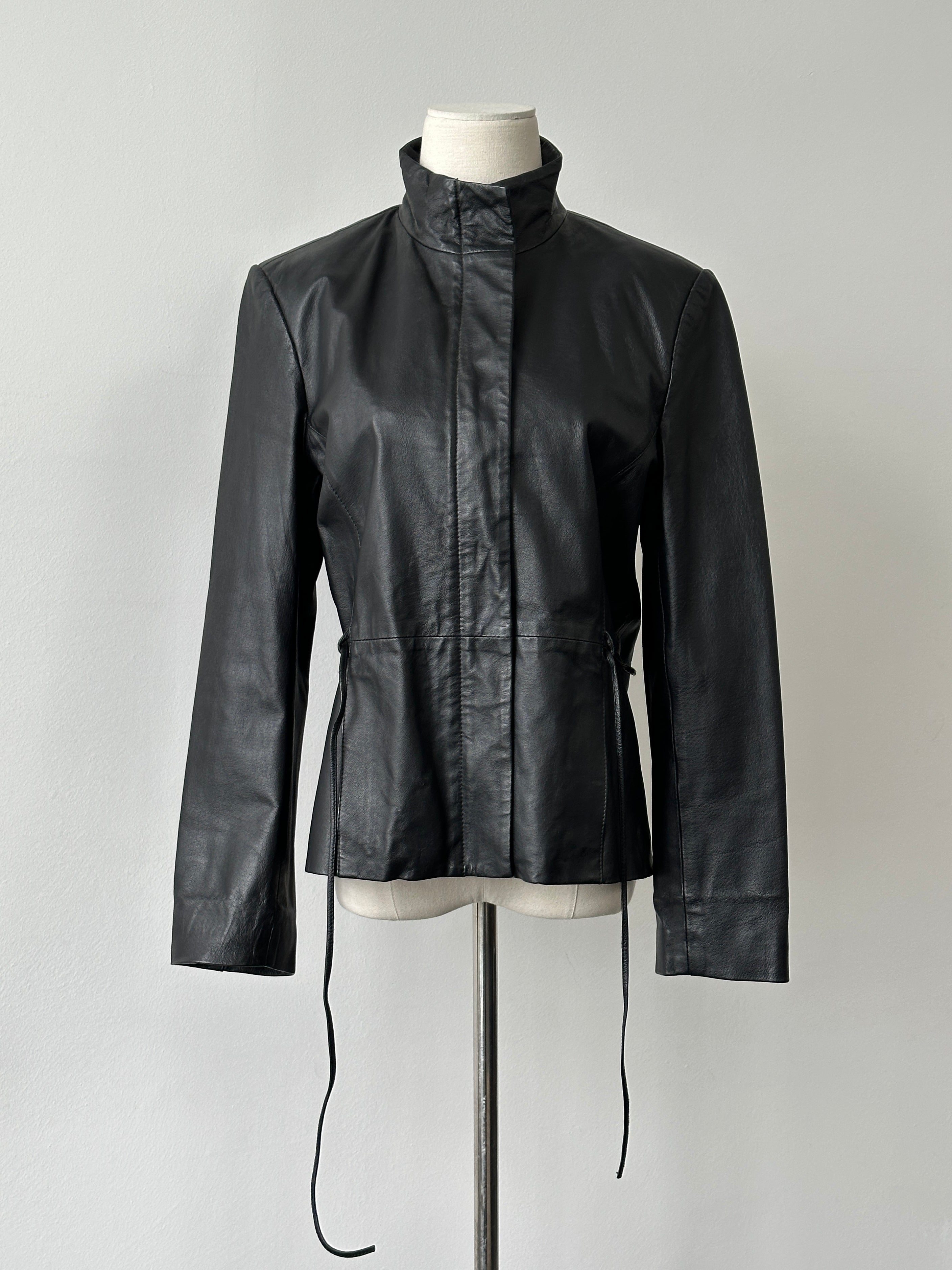 Vintage 2000s Tie Belt High Neck Leather Jacket -