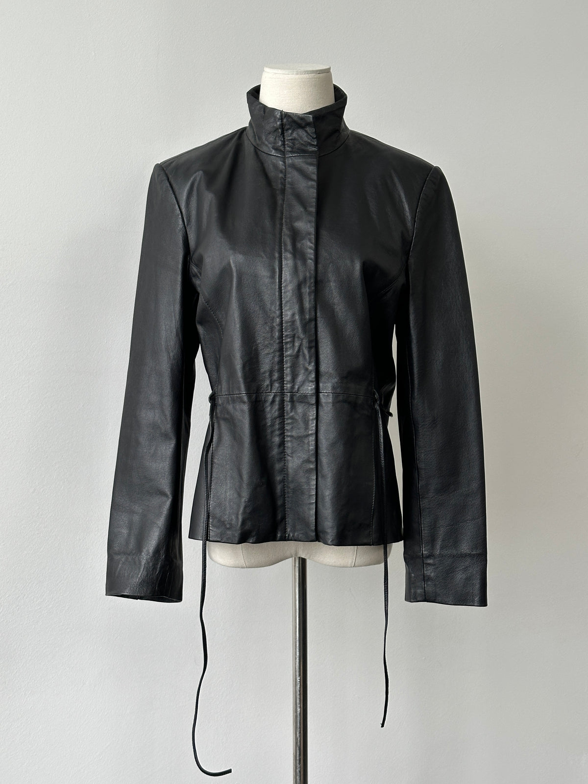 Vintage 2000s Tie Belt High Neck Leather Jacket -