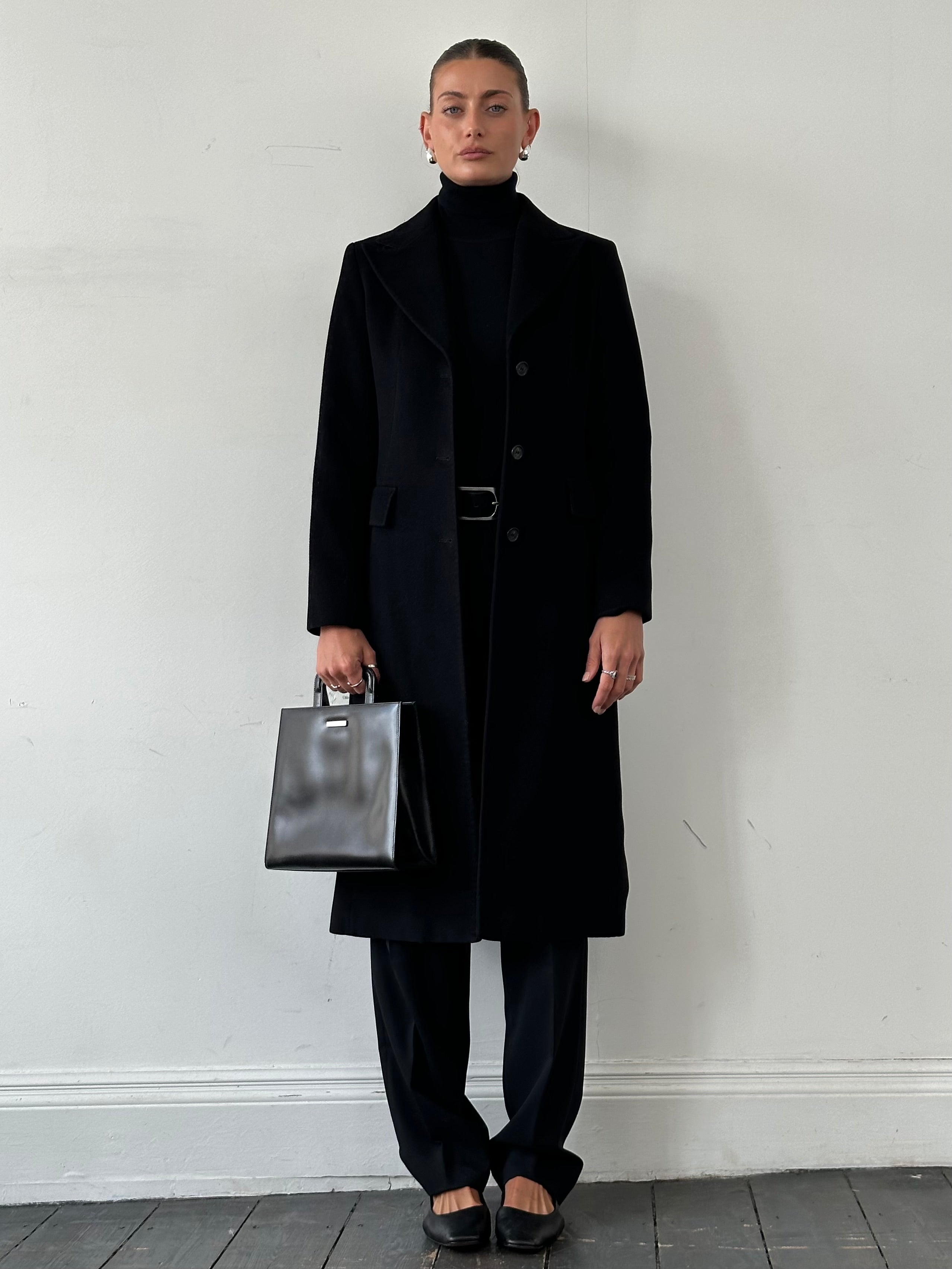 Max Mara pure wool single-breasted coat in size S, shown on a hanger with a classic tailored design and neutral color.