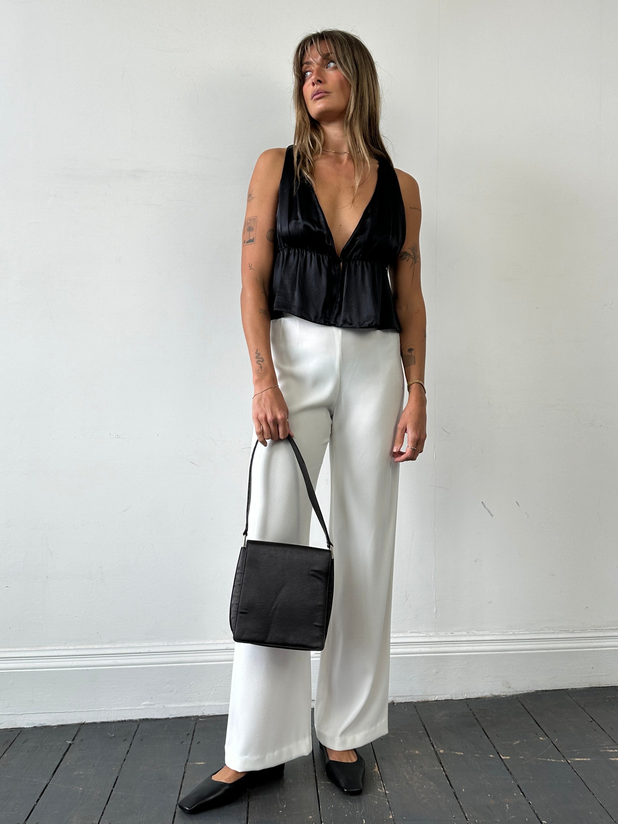 Emporio Armani pure silk ruched tank top in S/M, featuring a sleek, fitted design with a smooth silk fabric and ruching details.