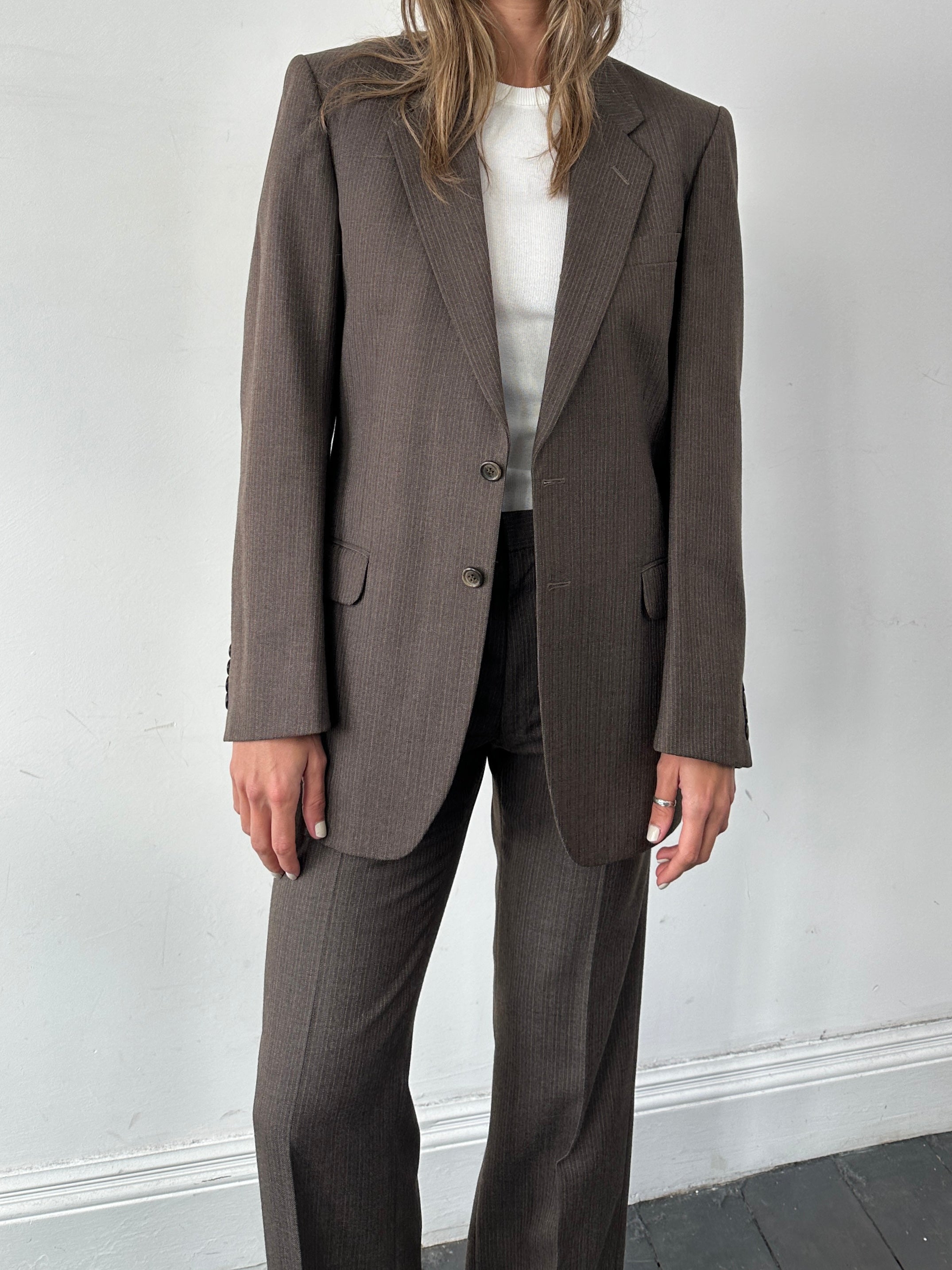 St Michael pinstripe worsted wool single-breasted jumpsuit in size 38R/W30, featuring a tailored fit and classic design.