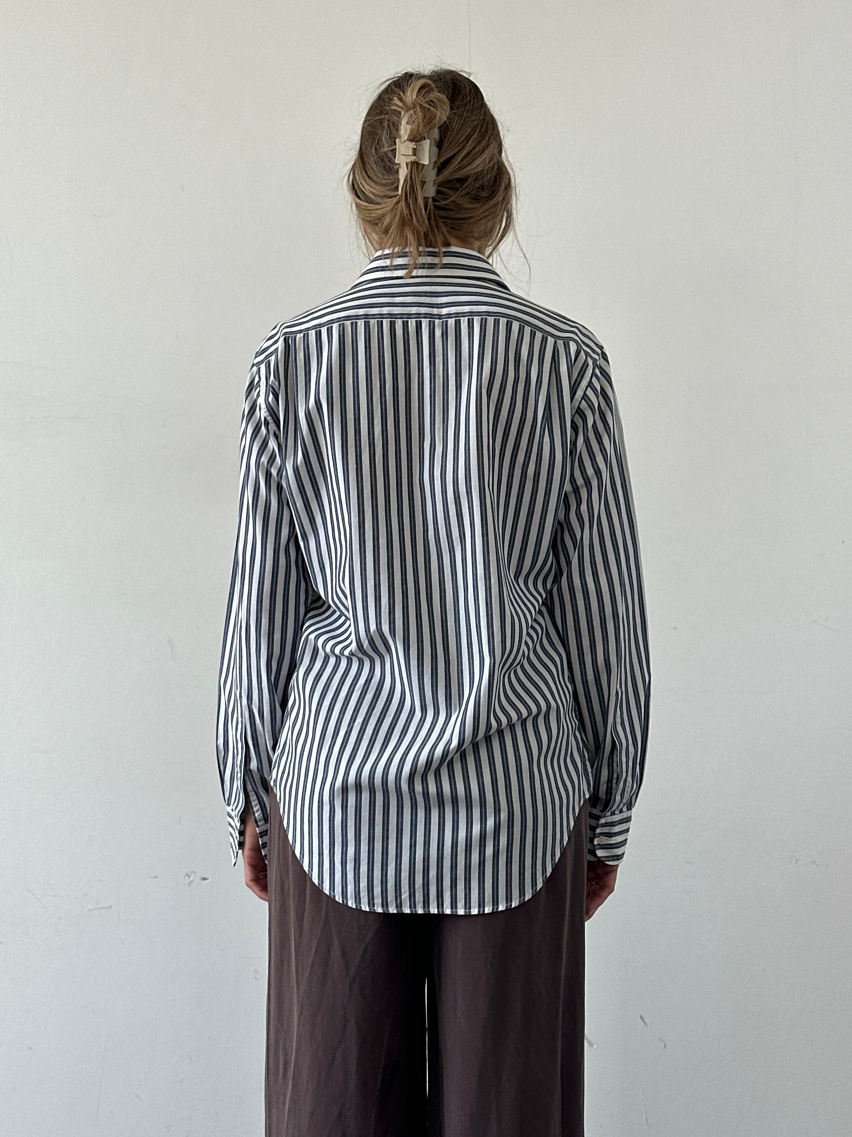 Yves Saint Laurent Pour Homme pure cotton striped logo shirt in size M, featuring classic design and brand logo detail.