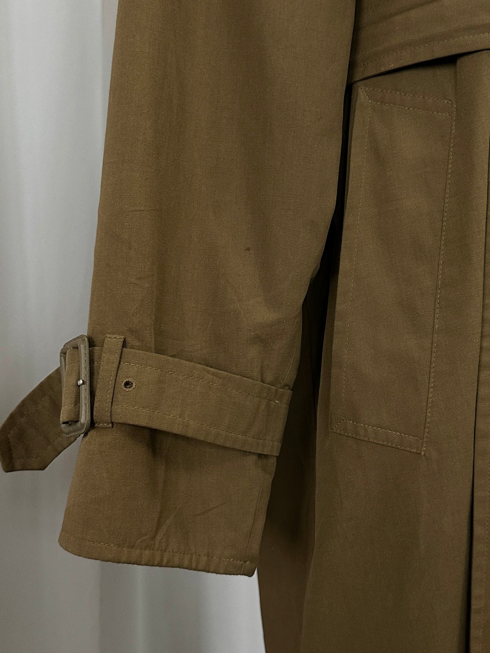 London Fog 1980s high neck belted trench coat in XXL, showing classic beige color, high collar, and waist belt detail.
