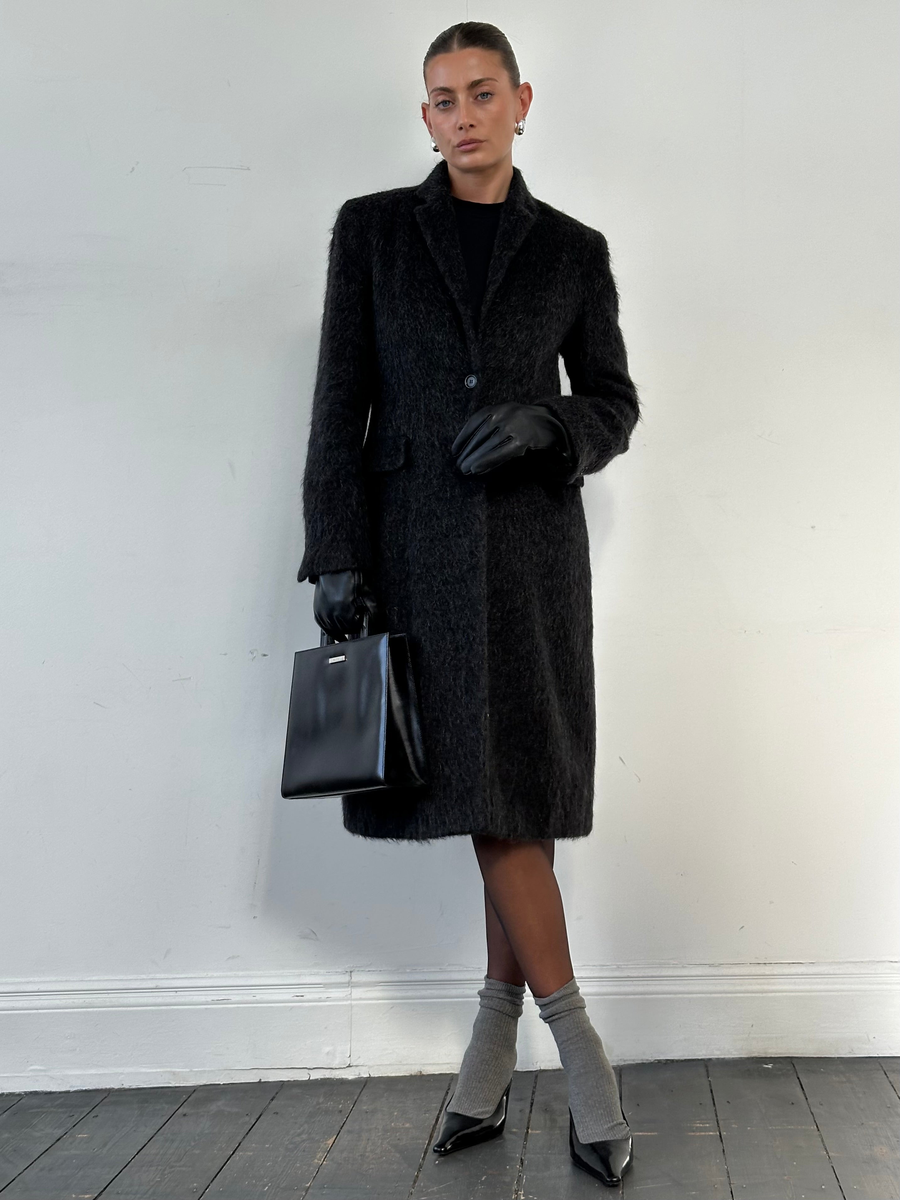 Nicole Farhi fuzzy alpaca wool single-breasted coat in size M, shown in a cozy, stylish design with a classic collar and button closure.