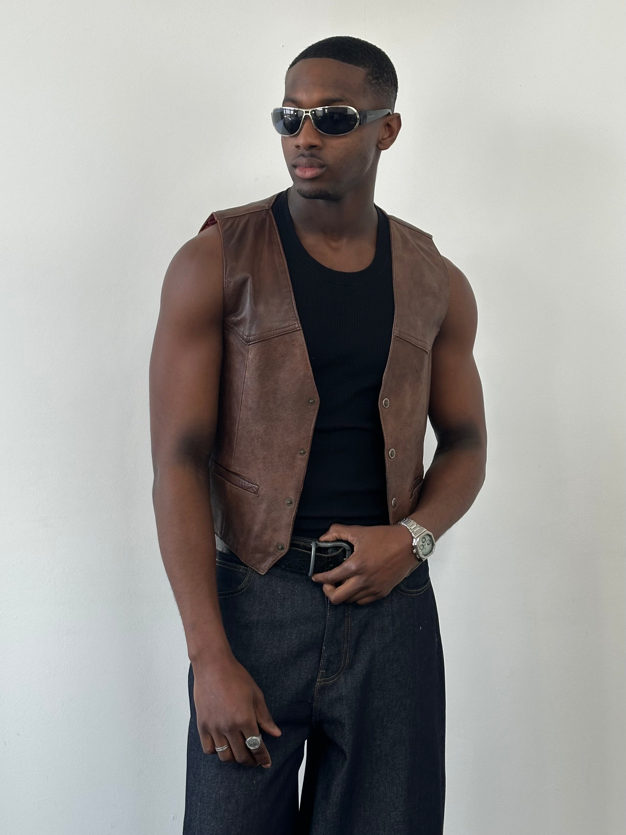 Italian Vintage 1990s Aged Leather Waistcoat - M