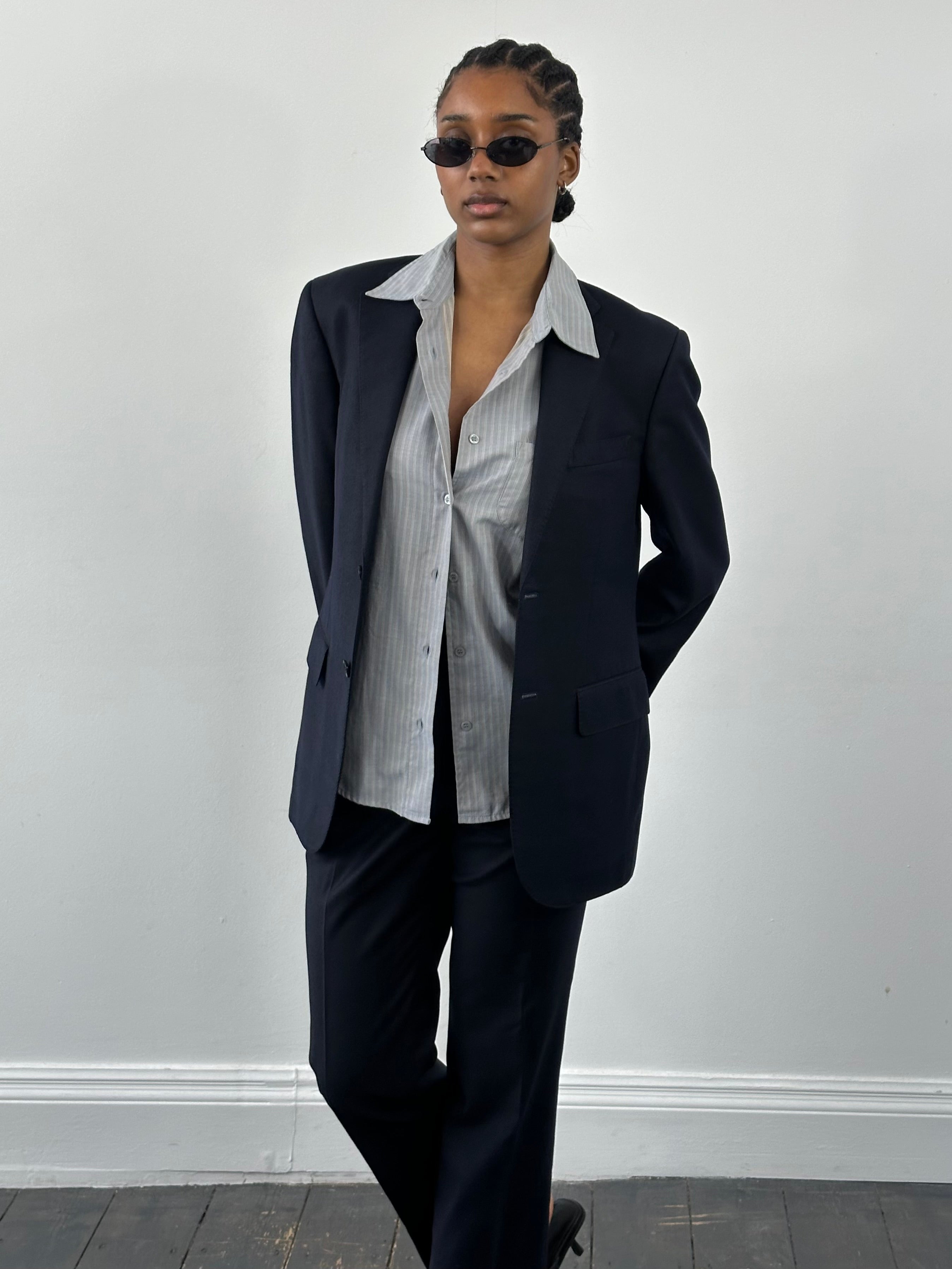 Loro Piana x Ginza Yamagataya 2000s pure brushed wool suit, size 36R/W30, showing the tailored jacket with soft fabric texture.