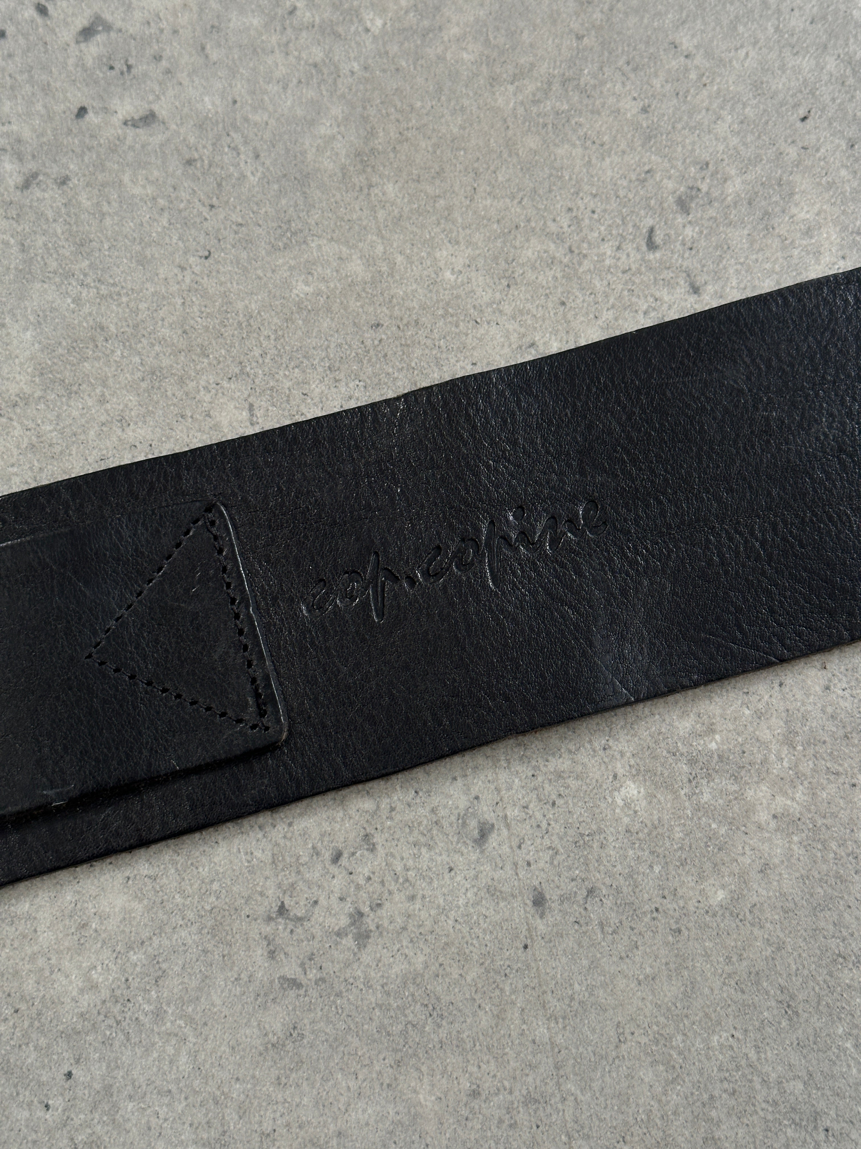 Cop Copine 1990s chunky leather belt, W32-36, with textured brown leather and bold metal buckle for vintage-inspired style.