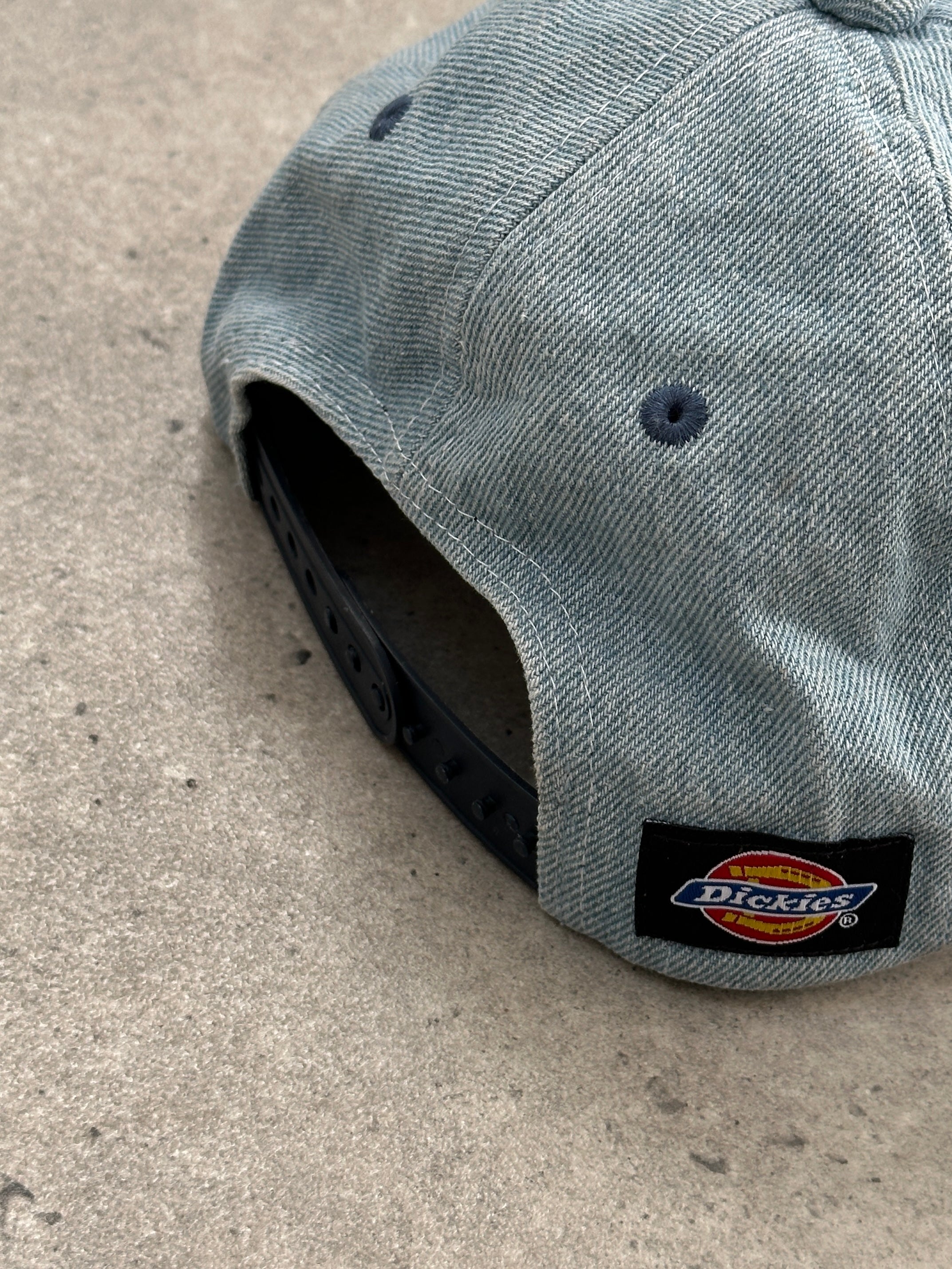 Dickies 2010s cotton denim logo cap, stylish hat with adjustable strap and embroidered Dickies logo on front, casual headwear.