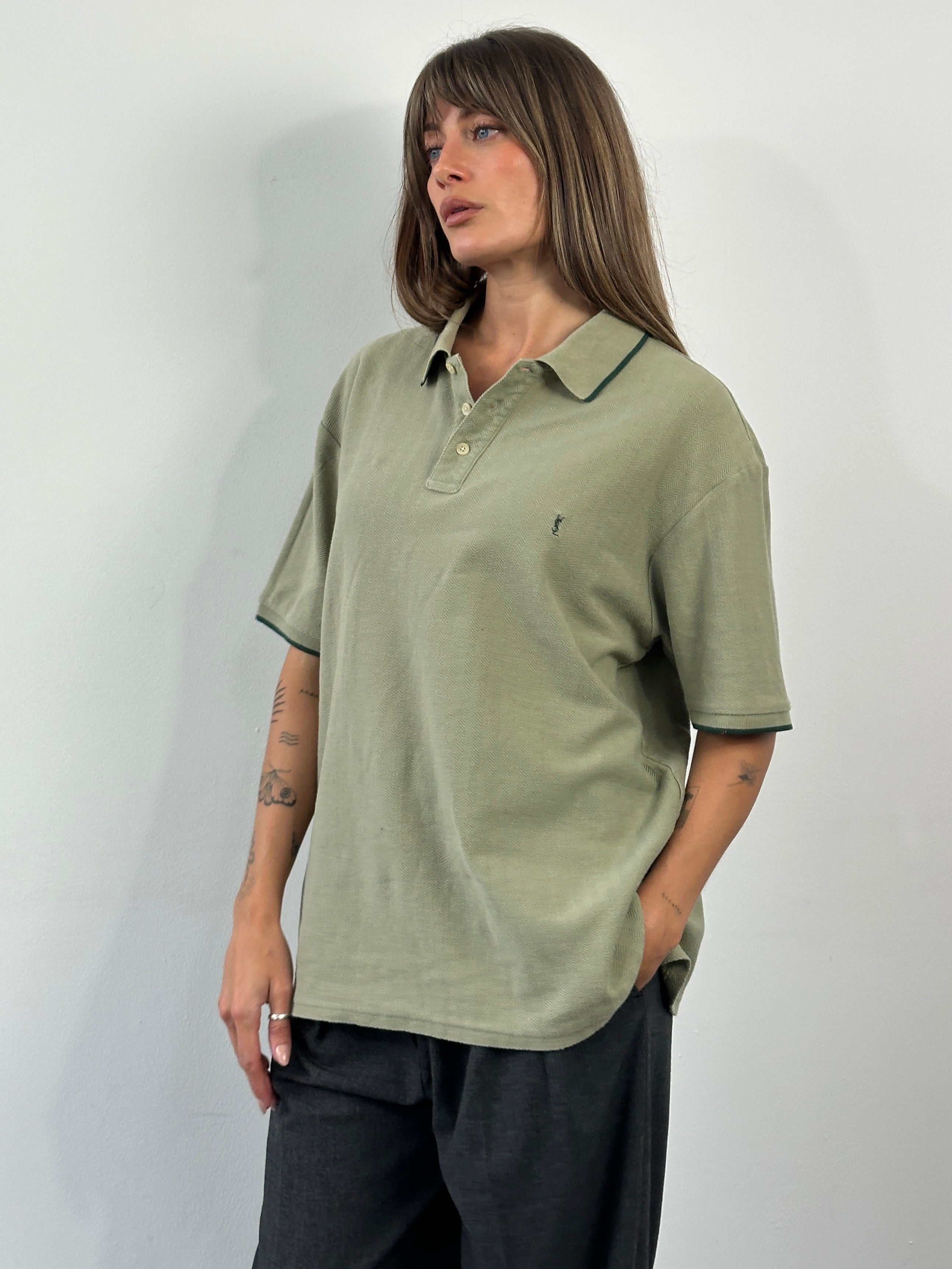 Yves Saint Laurent 1990s pure cotton logo polo shirt in size XL, featuring classic design and branding details.