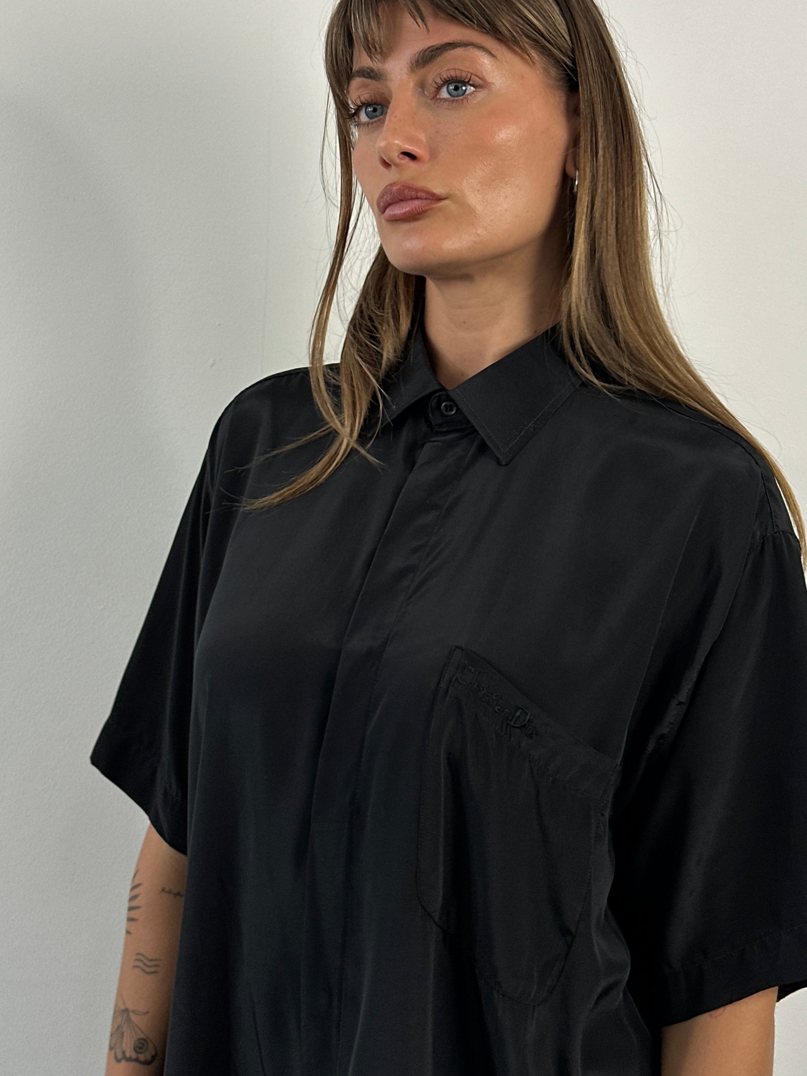 Christian Dior Paris 1990s pure silk short sleeve logo shirt in XL, featuring a sleek design and iconic branding.