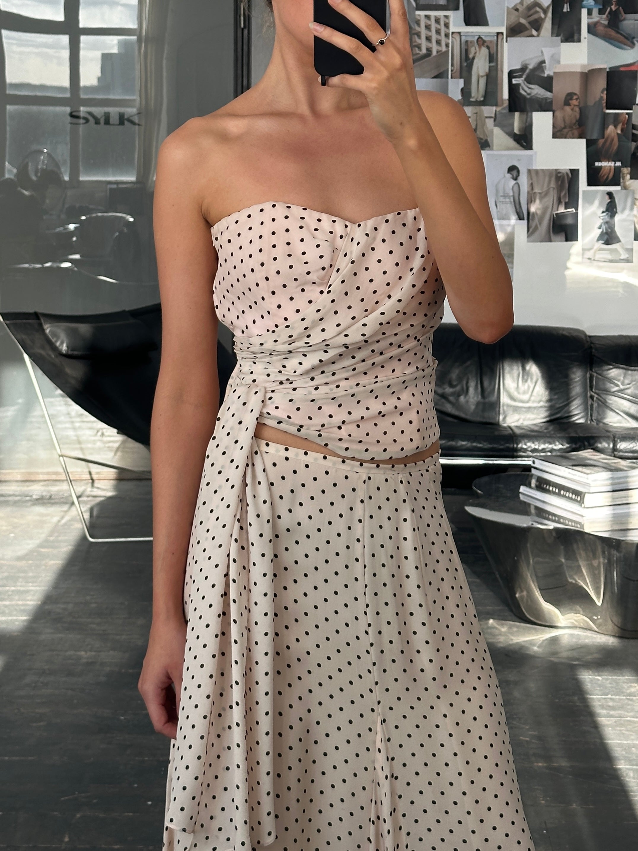 Jaeger 2000s Pure Silk Polkadot Two Piece Skirt Top Set - L/W28 - SYLK