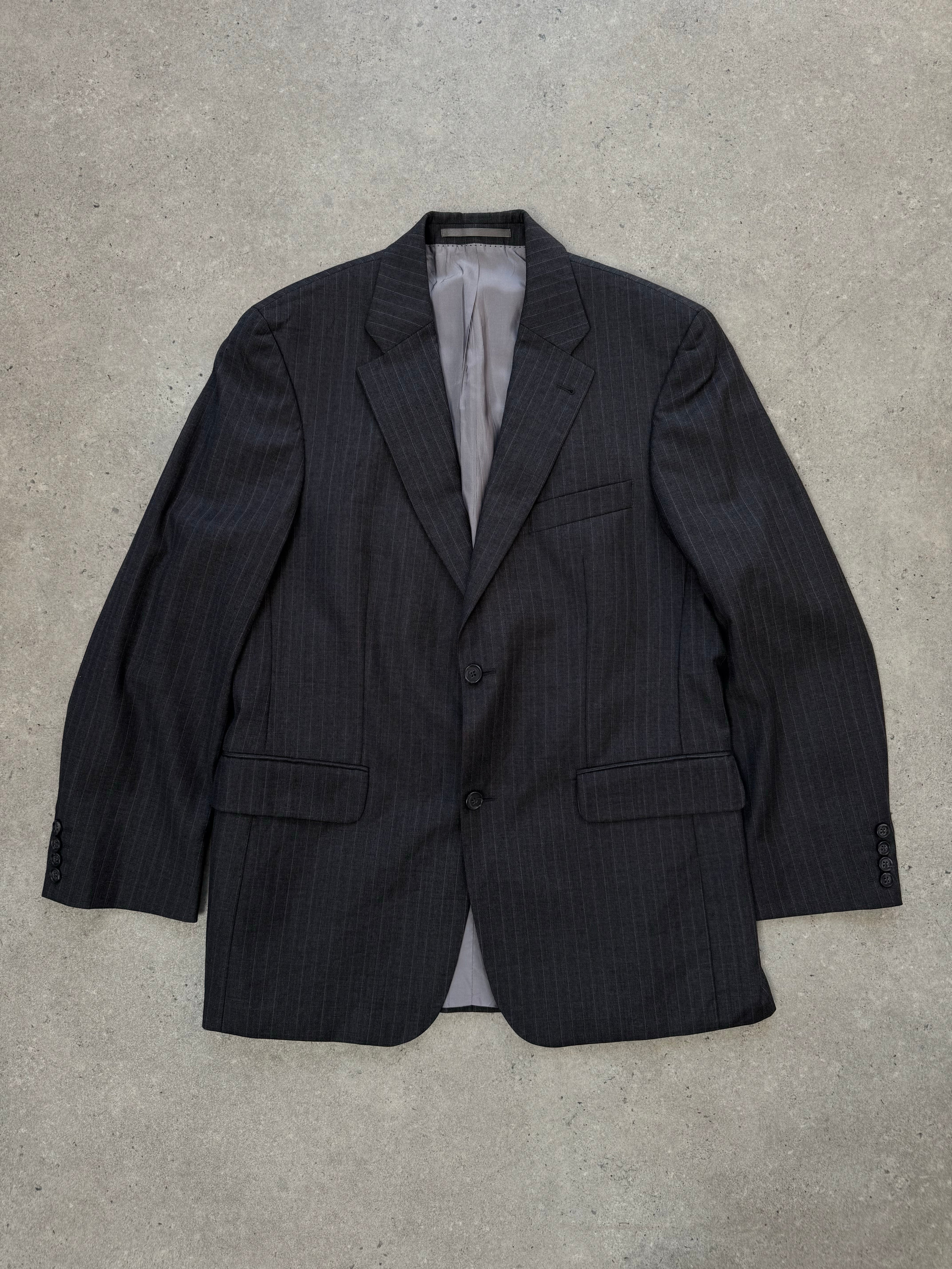 Loro Piana x Digel 1990s pure wool single-breasted blazer in size L, tailored fit, dark navy color, textured fabric.