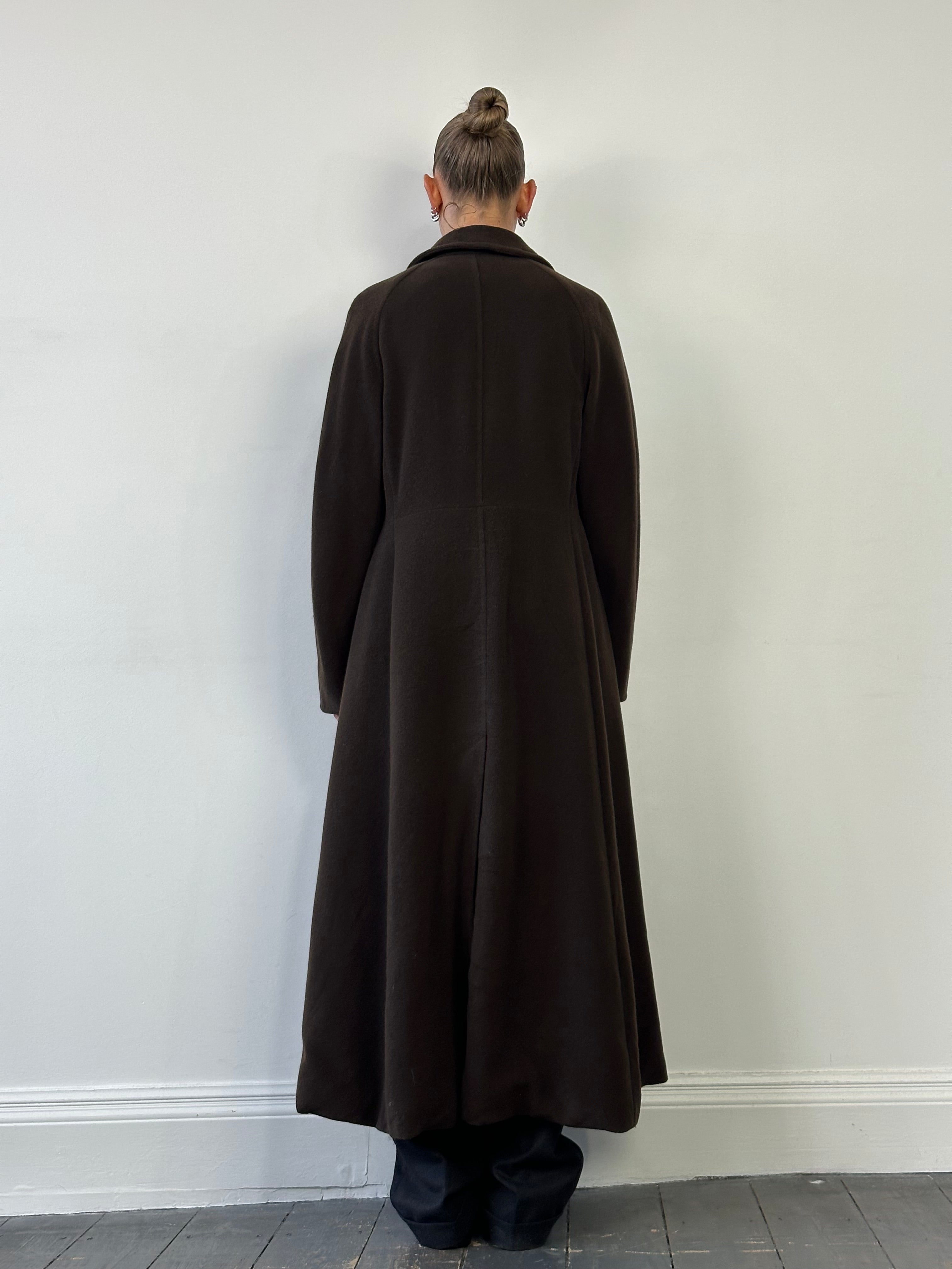 Max Mara pure wool A-line floor length coat in size M, featuring a classic tailored design and elegant silhouette.