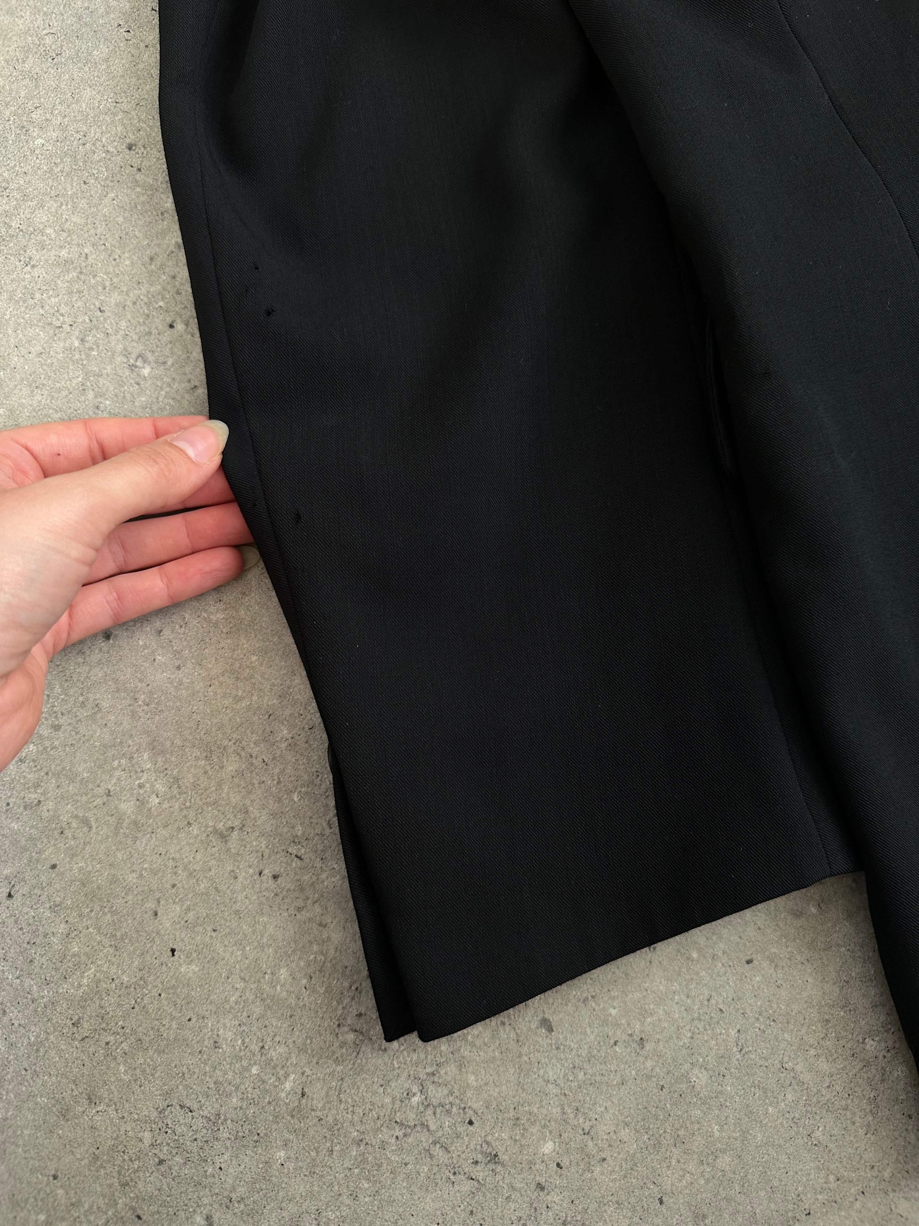 Yves Saint Laurent Pour Homme pure wool three-piece suit, size 46L/W34, shown on a hanger with jacket, vest, and trousers.